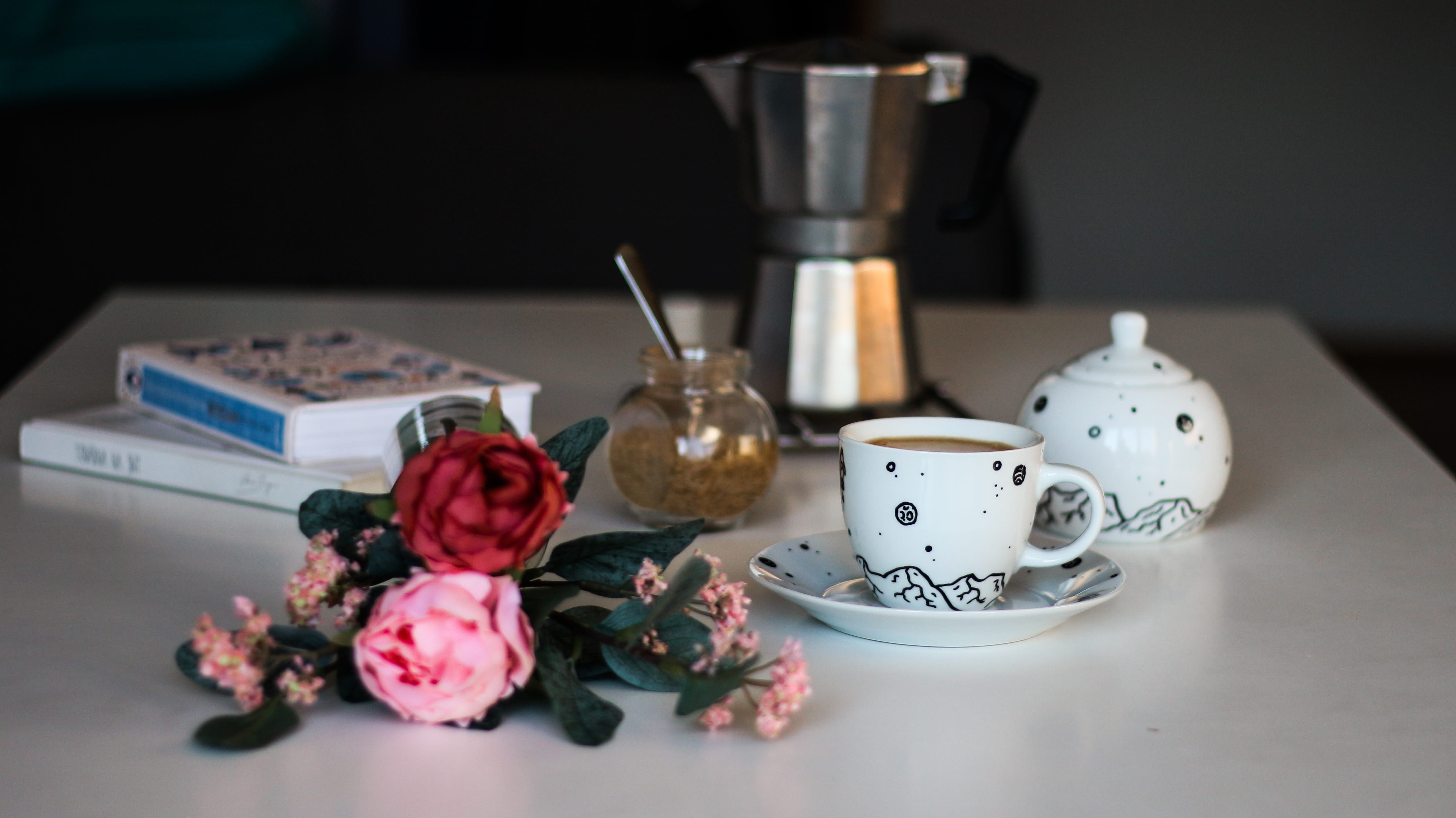5K, design, rose, antique, preparation, tea, assorted, domestic room, no people, white, rose - flower, clock, space, fragility, book, coffee, ink, galaxy, HD Wallpaper