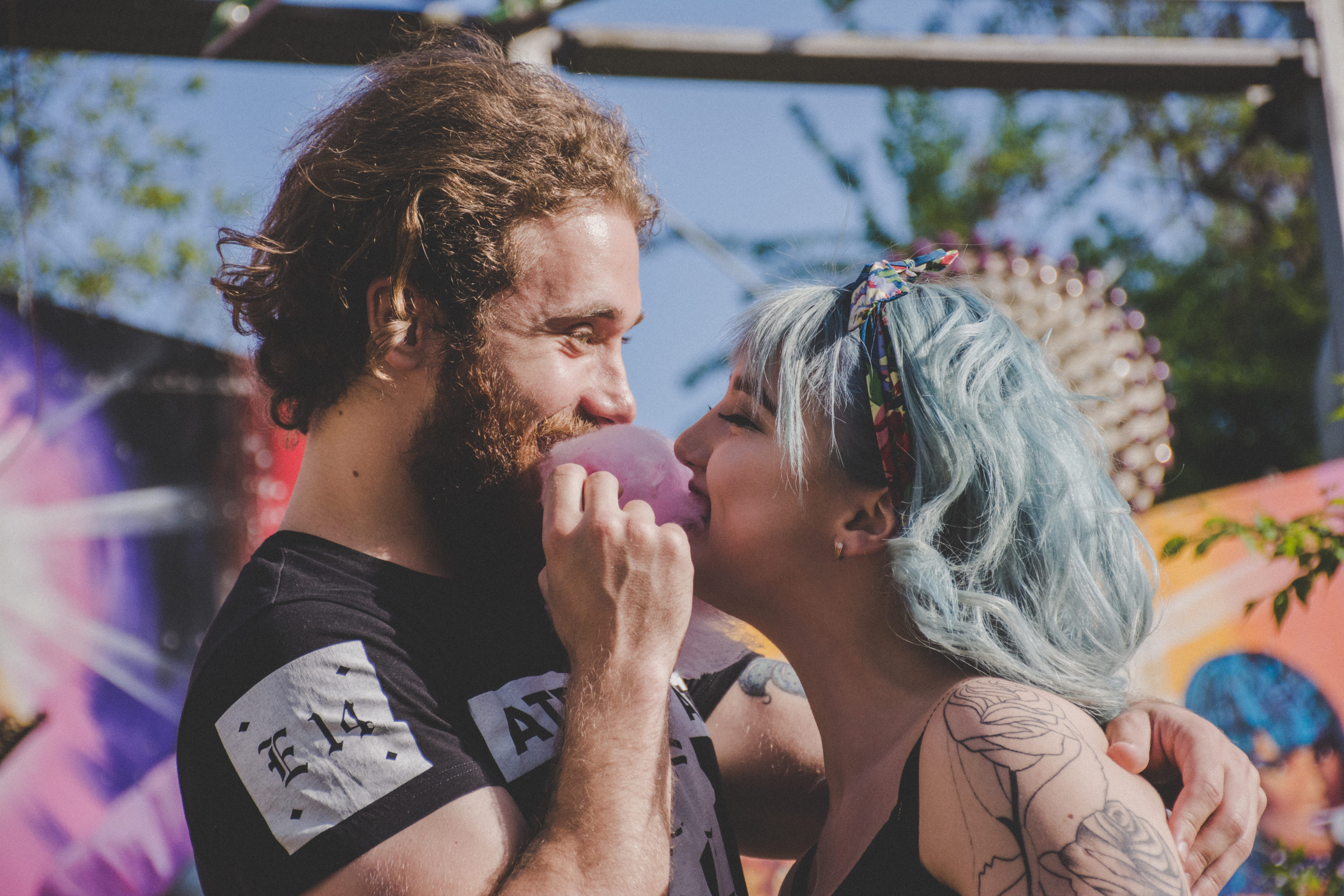 eyes, two people, daytime, candy, portrait, people, blue hair, lifestyles, headshot, happy, hair, candy floss, couple - relationship, female, hairstyle, HD Wallpaper