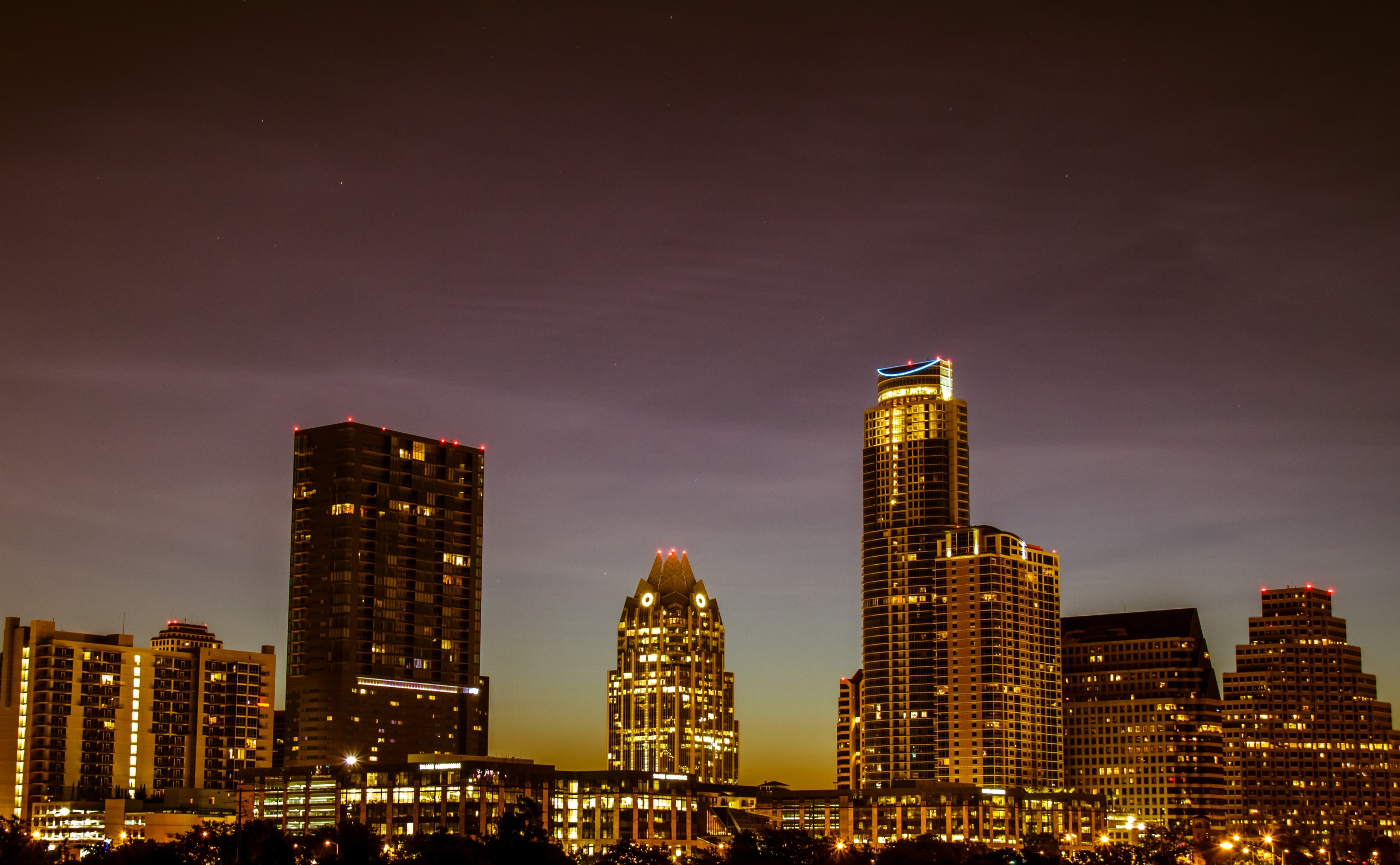 built structure, tower, City, illuminated, night, office, financial district, Texas, Buildings, urban skyline, skyscraper, building, theaustonian, building exterior, HD Wallpaper