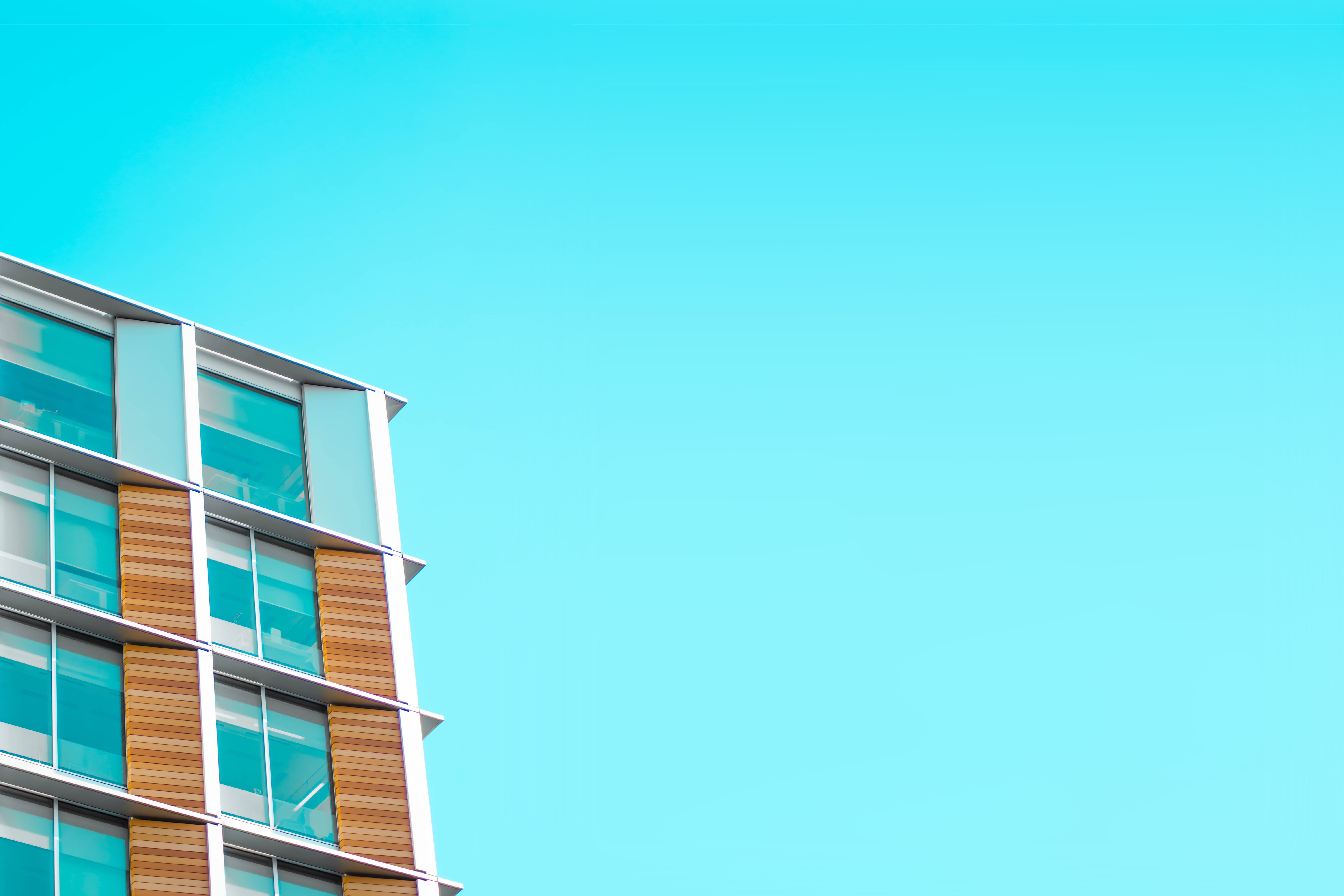 bright, sky, untitled, no people, low angle view, architecture, establishment, office building exterior, building exterior, turquoise colored, day, hotel, HD Wallpaper