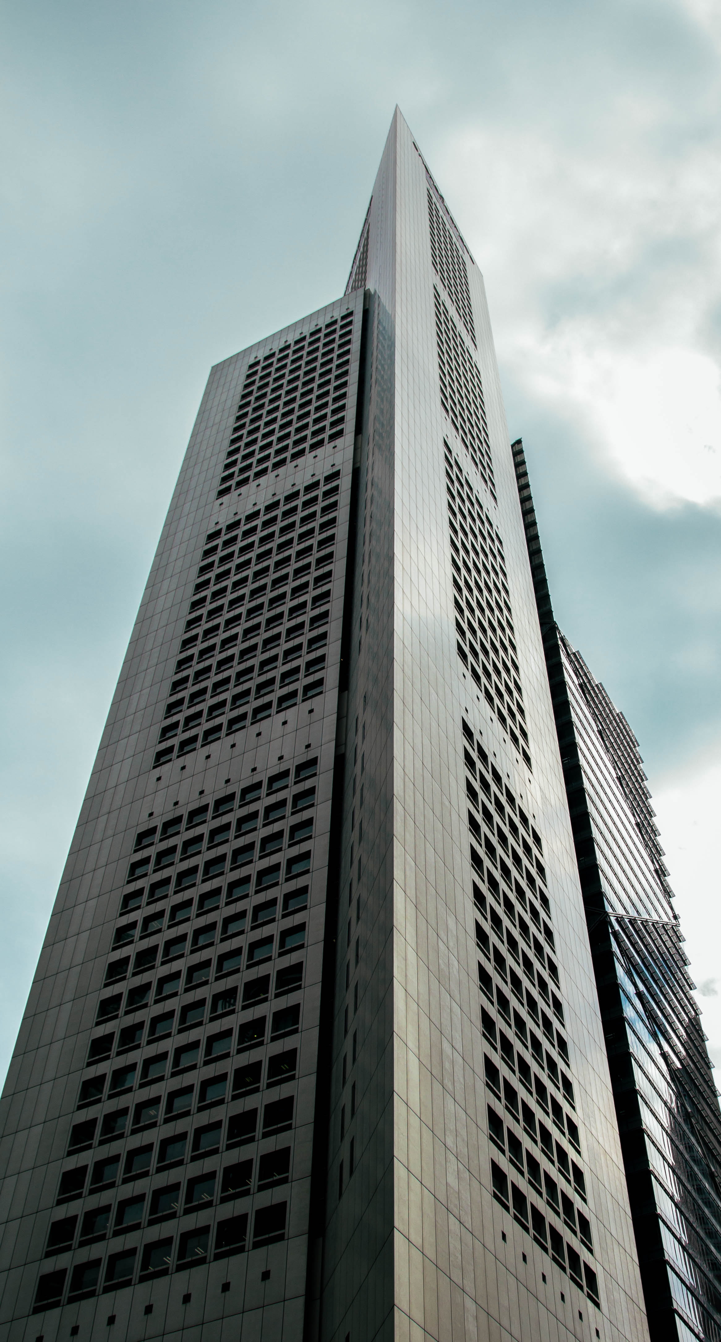 grey, establishment, condominium, skyscraper, glass - material, infrastructure, concrete, structure, building, low angle view, office, clouds, windows, Phone HD Wallpaper