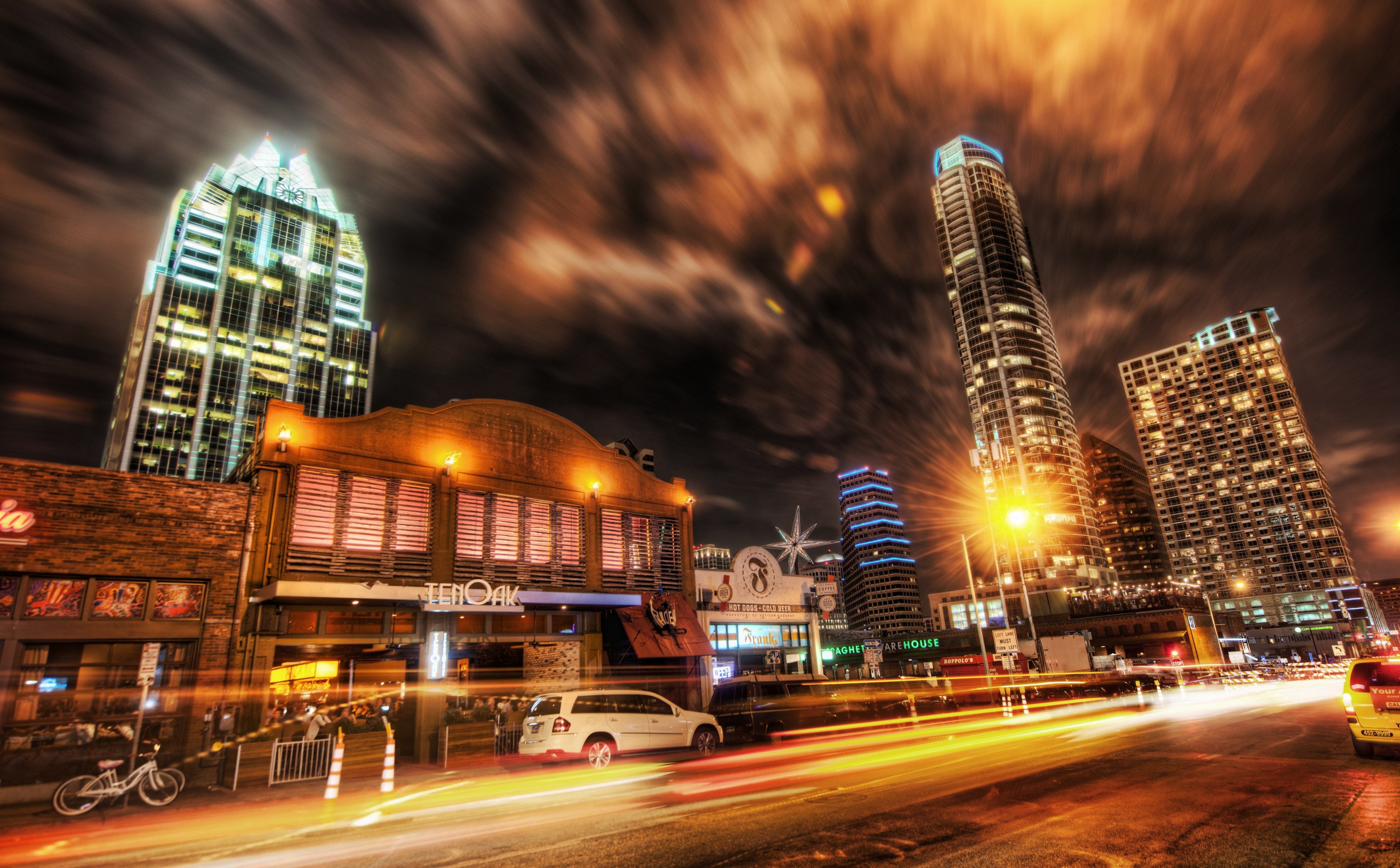 Texas, several, hdr, built structure, blurred motion, transportation, light trail, Lights, no people, outdoors, Night, sky, austin, United States, financial district, HD Wallpaper
