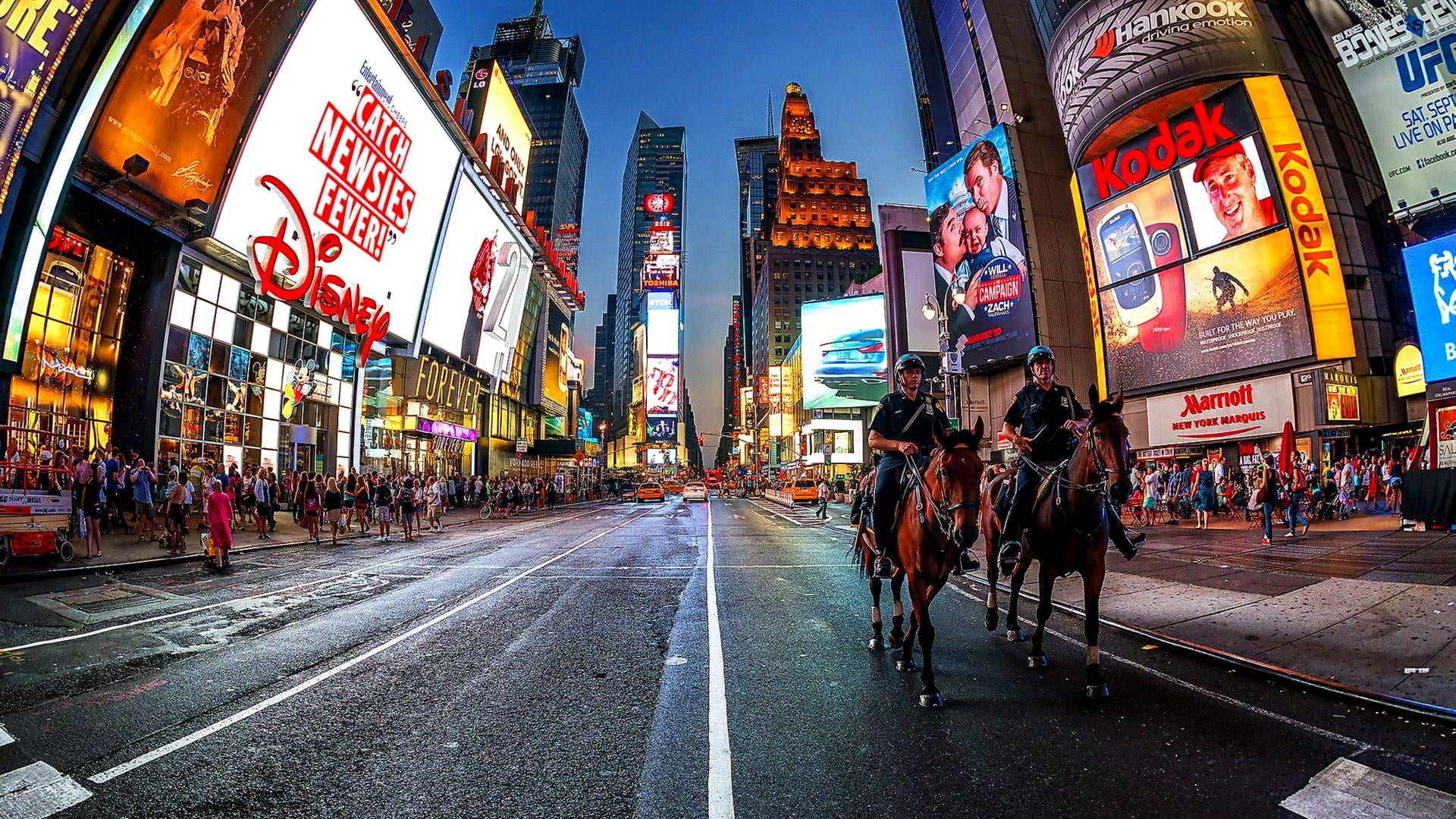 city life, road, times square, street, horseback, new york, skyscrapers, skyscraper, city street, real people, building exterior, mammal, police, architecture, HD Wallpaper