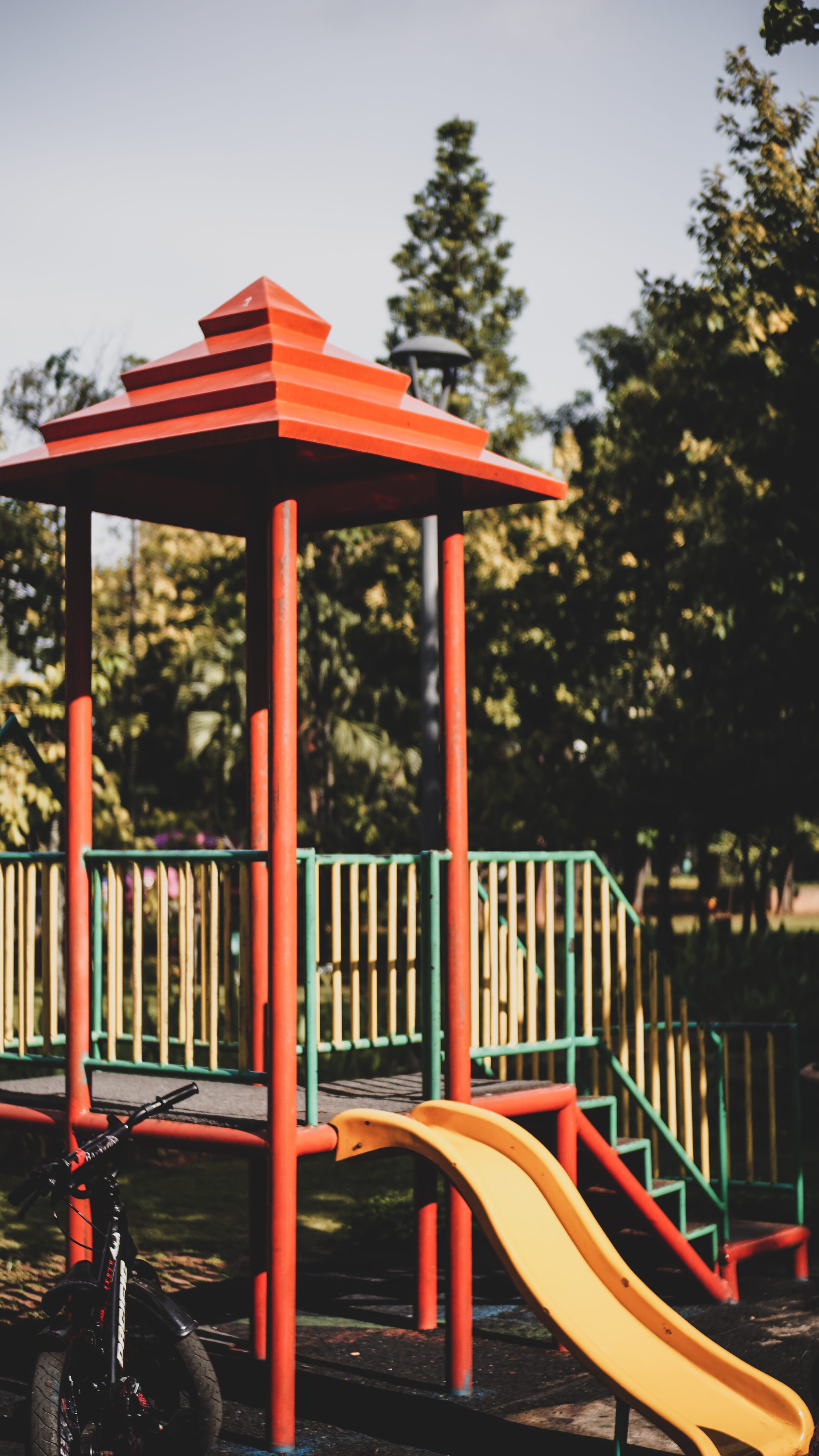 kids, no people, sky, built structure, day, building, outdoor play area, jakarta, 5K, architecture, bike, playground, water, park - man made space, Phone HD Wallpaper