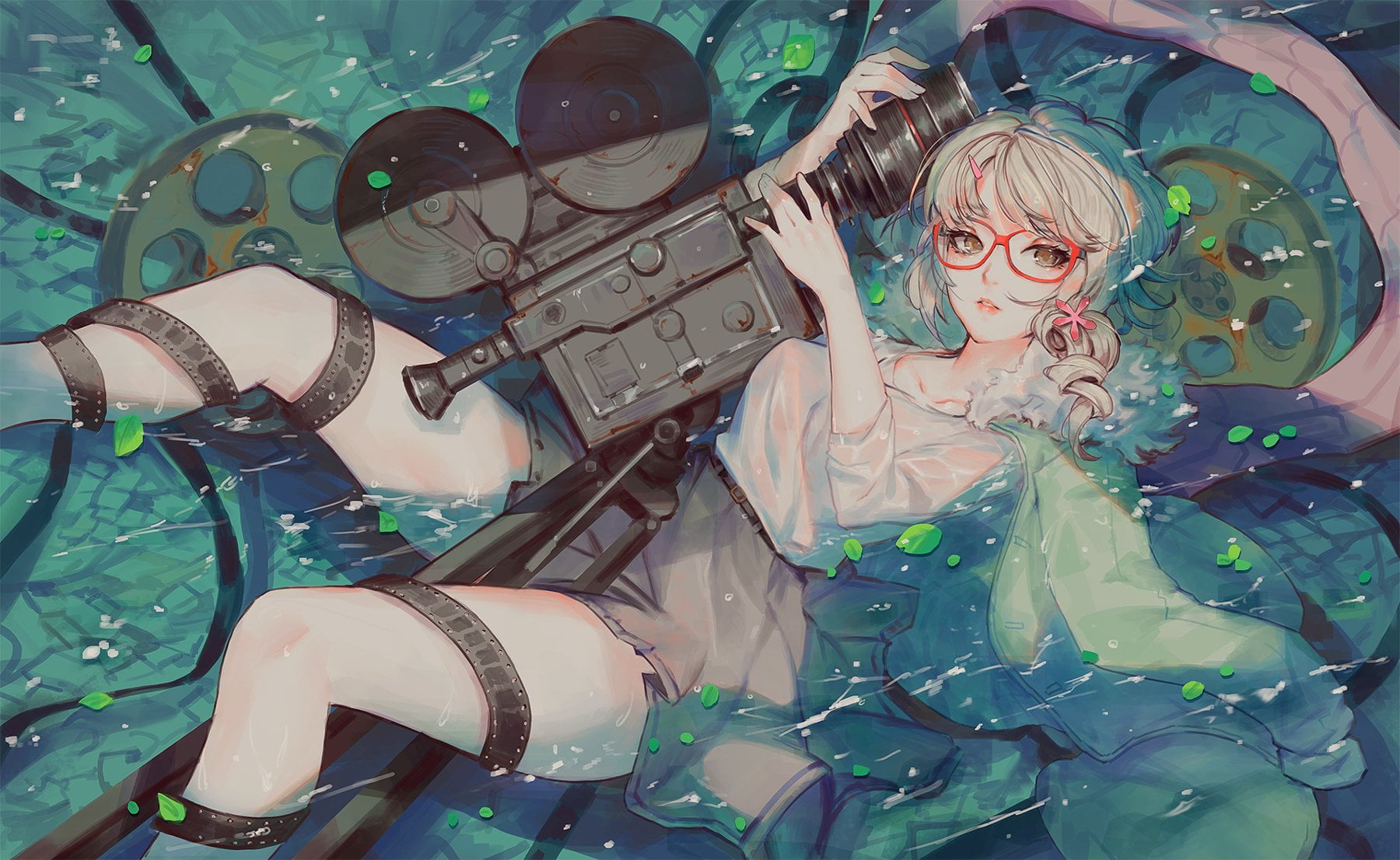 jacket, camera, looking at viewer, short hair, brown eyes, film reel, in water, Camera Tripod, anime girls, petals, tripod, 720P, anime, glasses, blonde, HD Wallpaper