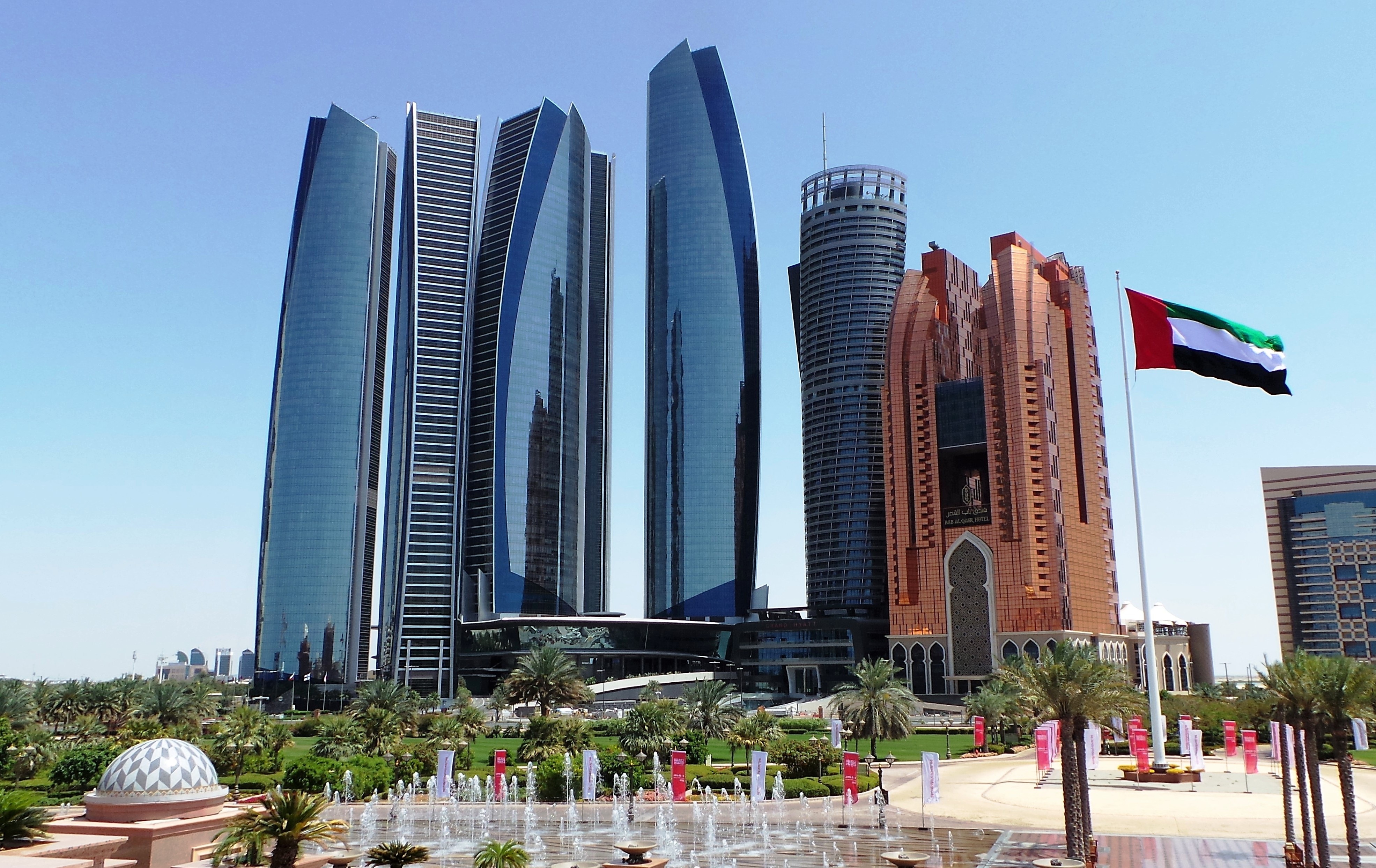 day, skyline, sky, tree, tower, nature, office building exterior, building, no people, cityscape, blue, office, tall - high, architecture, abu dhabi, buildings, HD Wallpaper