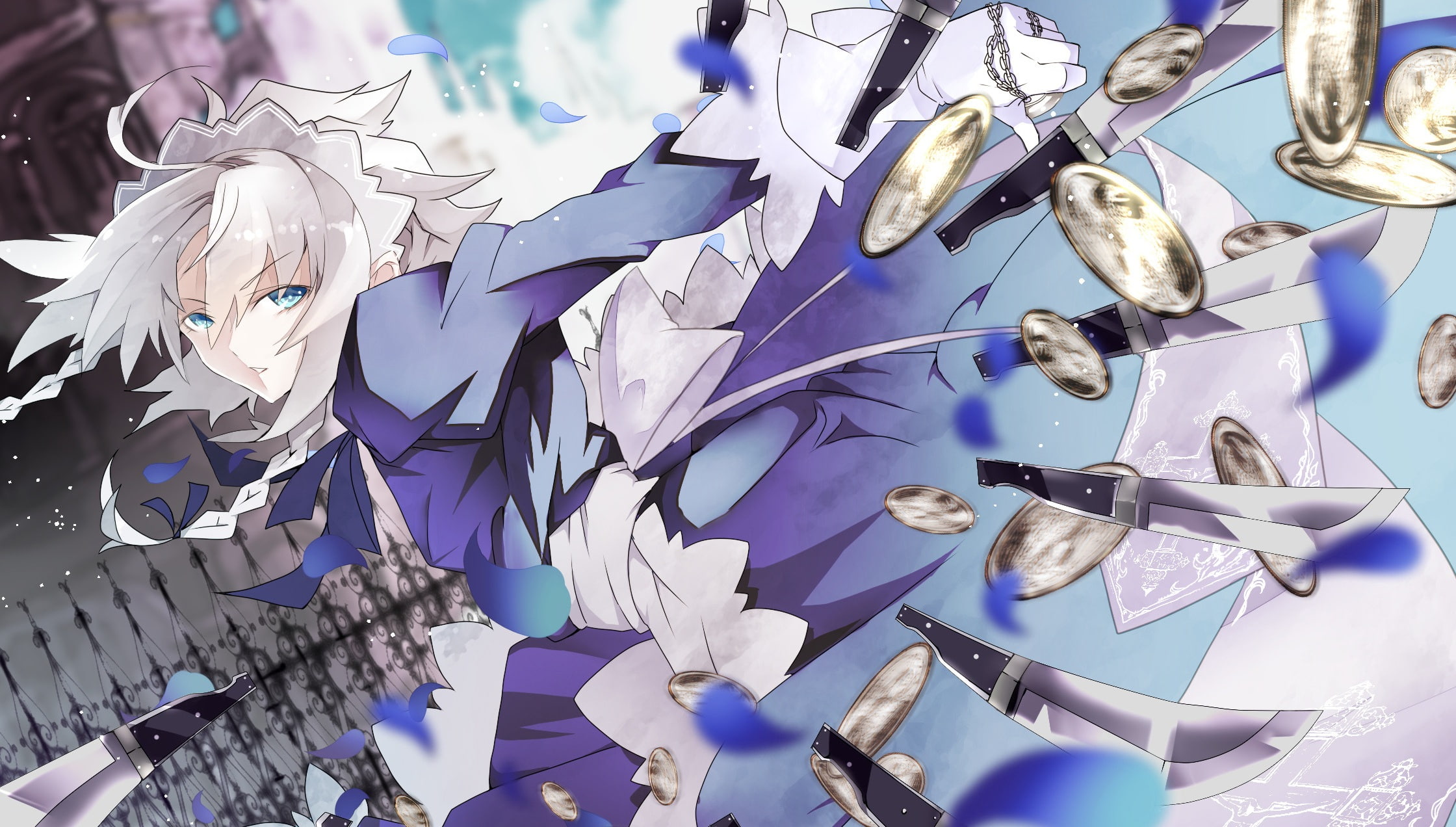 Knife, 1080P, White Hair, Touhou, Anime, Sakuya Izayoi, Coin, Maid, HD Wallpaper