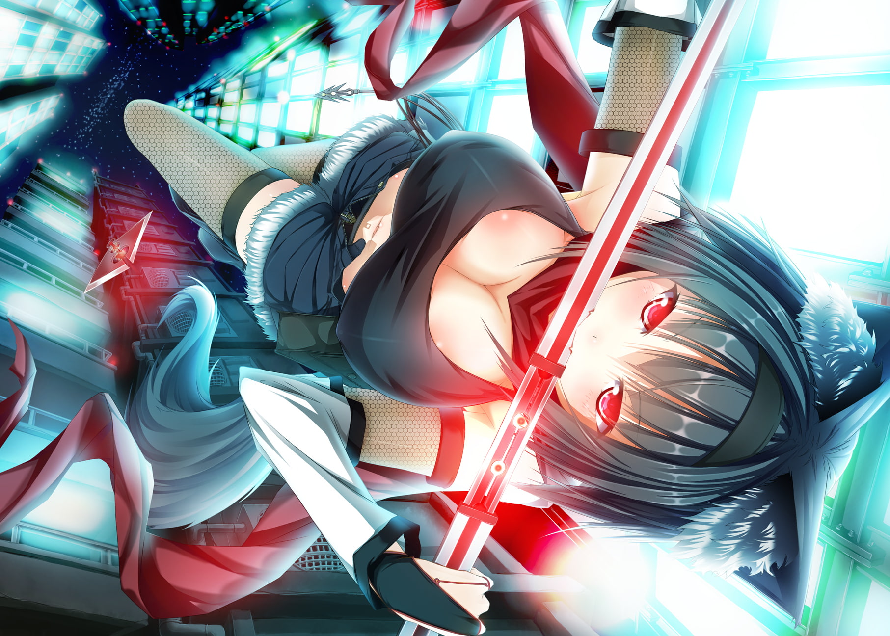 original, sword, thighhighs, weapon, ears, cleavage, re n, short, navel, animal, black, red, hair, foxgirl, eyes, 720P, HD Wallpaper