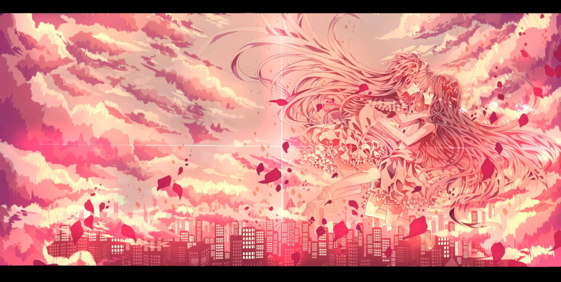 girls, 720P, mahou, dress, shoujo, clouds, akemi, city, aka, magica, pink, homura, madoka, long, kaname, hair, petals, HD Wallpaper