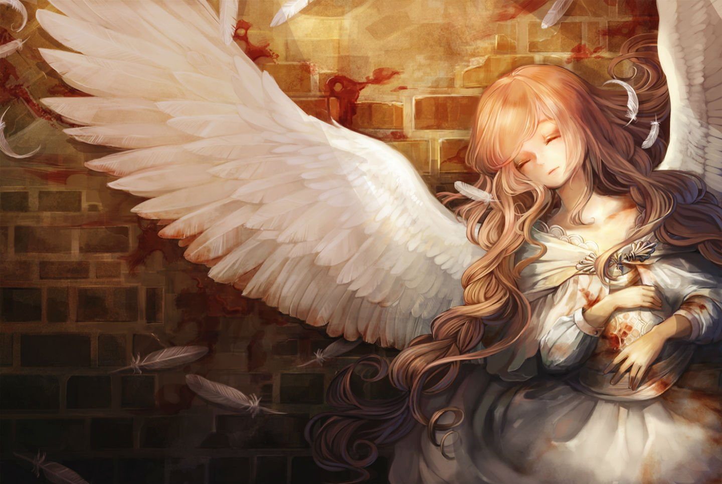 aka, angel, wings, lovetow, tonbo, blood, long, feathers, brown, original, 720P, hair, dress, HD Wallpaper