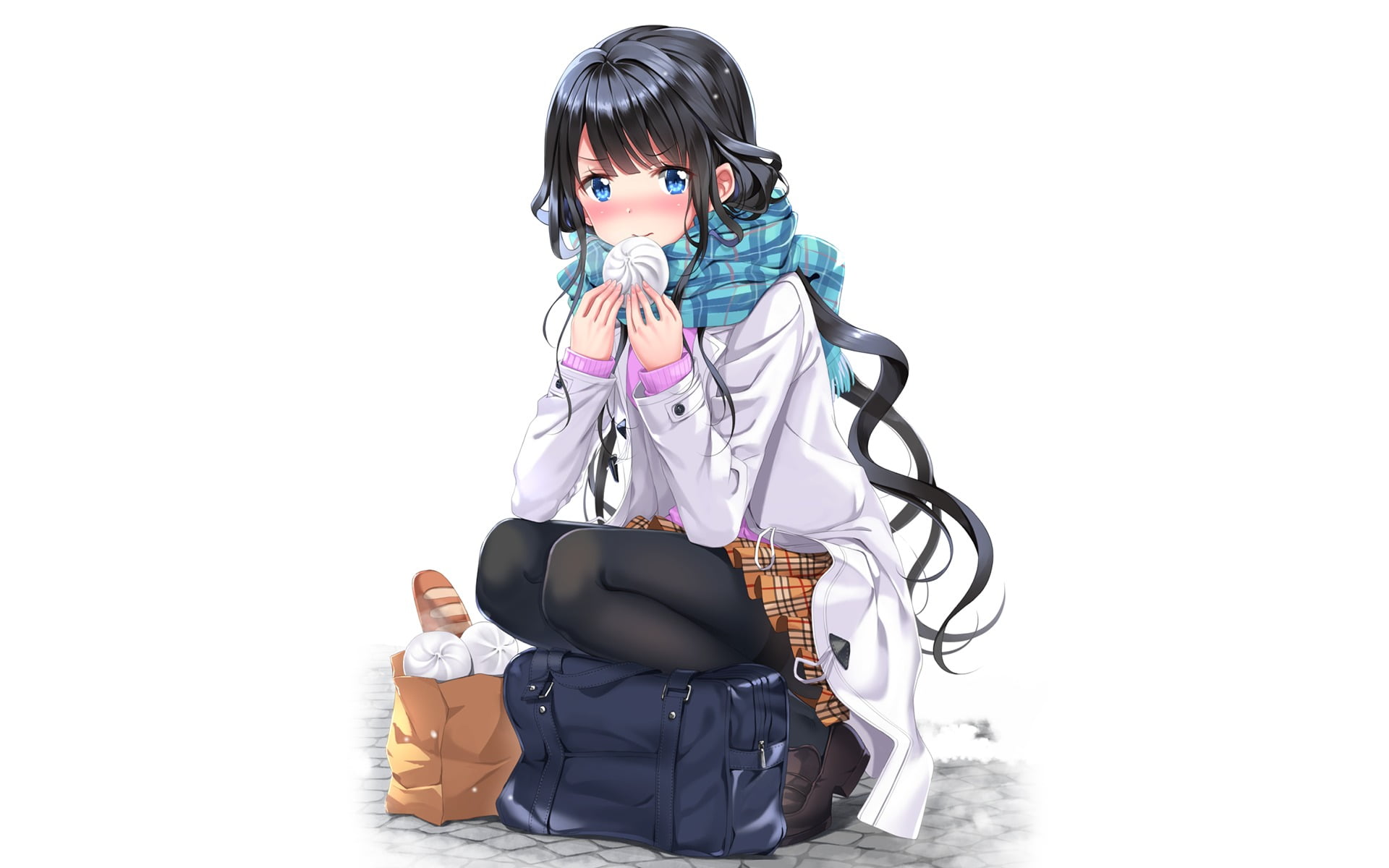 anime girls, sitting, bangs, 1080P, lifestyles, full length, white background, casual clothing, portrait, females, looking at camera, standing, Adagaki Aki, HD Wallpaper