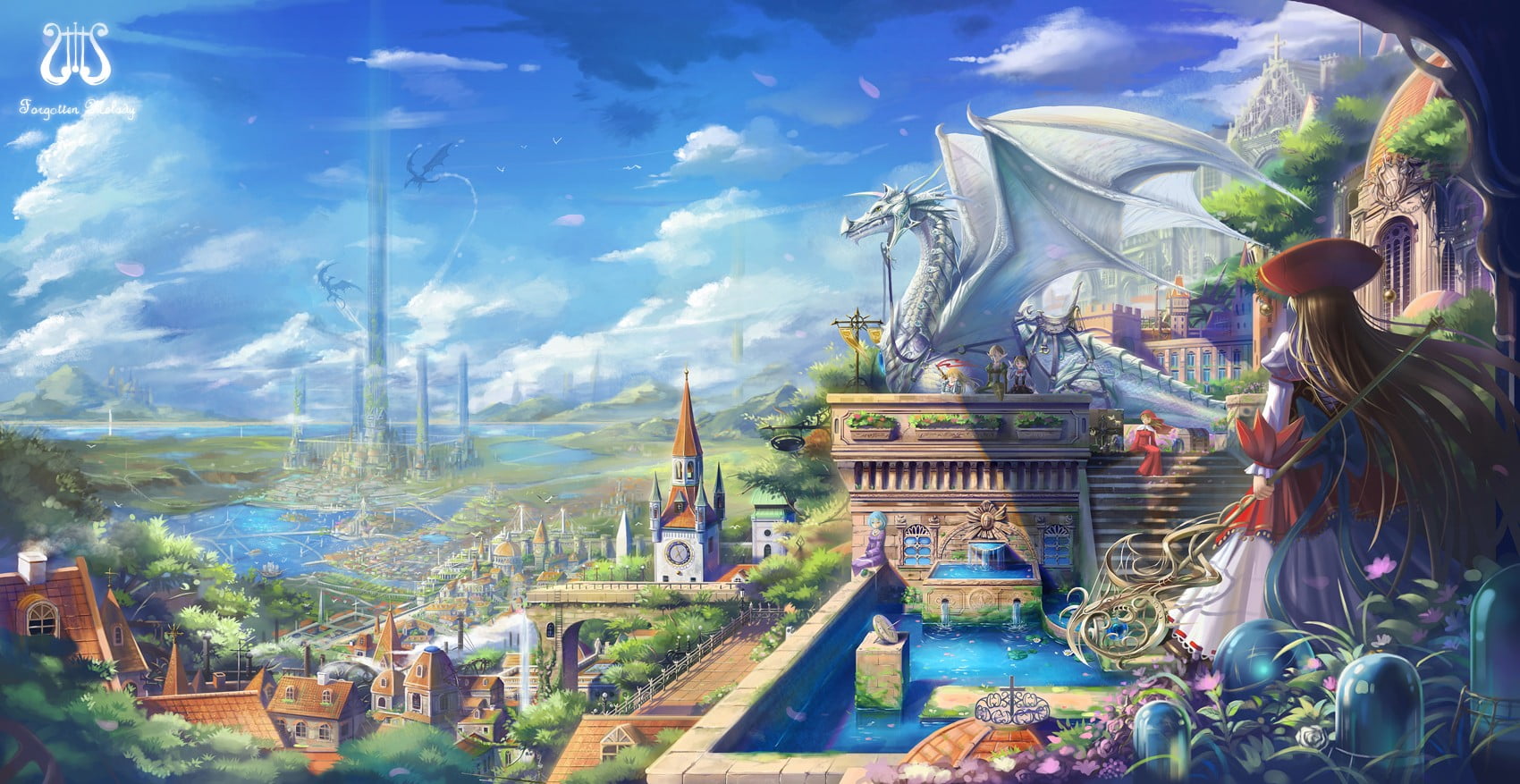 real people, fountain, incidental people, sky, landscape, built structure, lifestyles, dragon, men, cloud - sky, city, fantasy art, architecture, group of people, HD Wallpaper