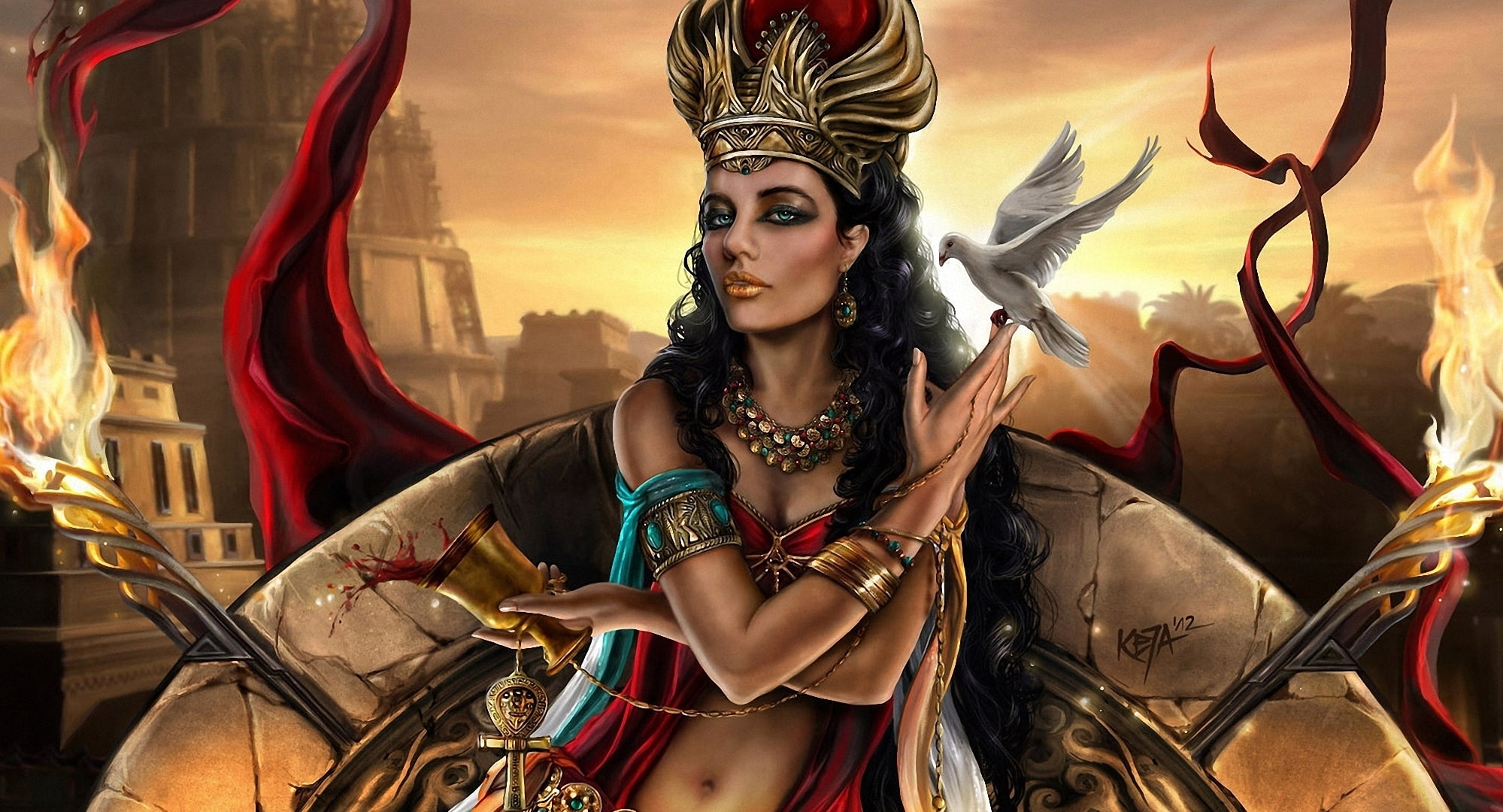 queen, decoration, fantasy, city, girl, hand, wine, mythology, red, 1080P, tower, torches, desktop, gown, art, HD Wallpaper