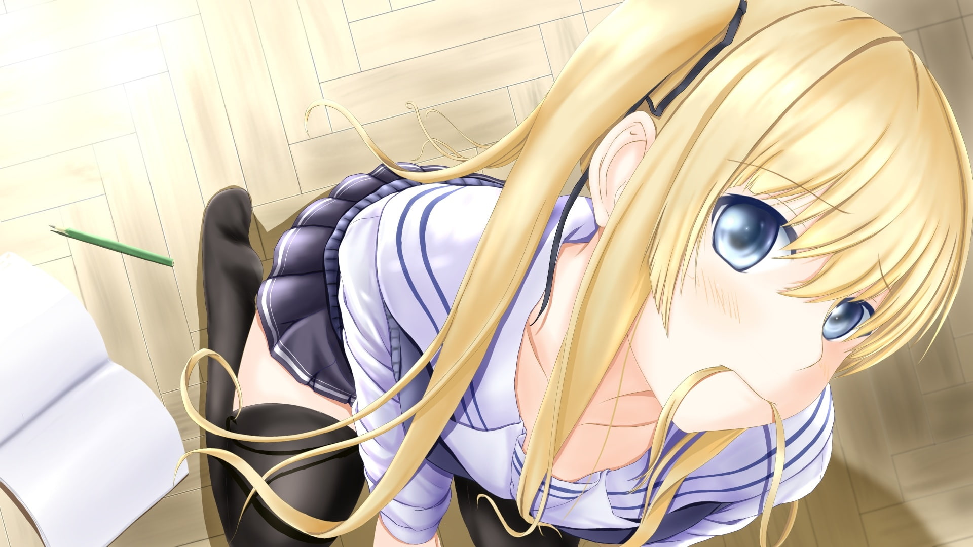 thighhighs, tsuki, hair, 1080P, spencer, sodatekata, long, com, saenai, eriri, heroine, eyes, aka, book, skirt, seifuku, blue, blonde, 235667, sawamura, HD Wallpaper