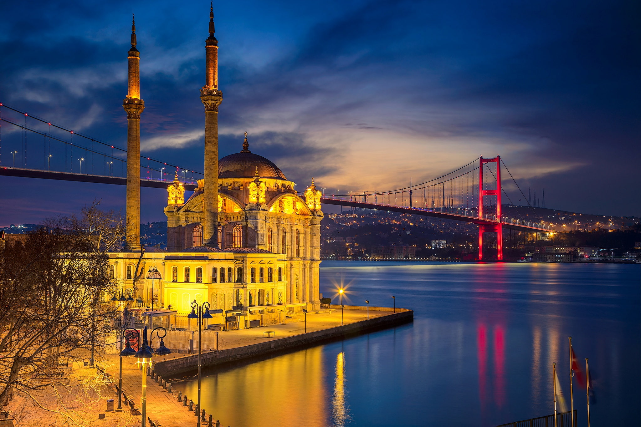 Istanbul, the minaret, bridge, mosque, 1080P, night, Turkey, lights, Strait, HD Wallpaper
