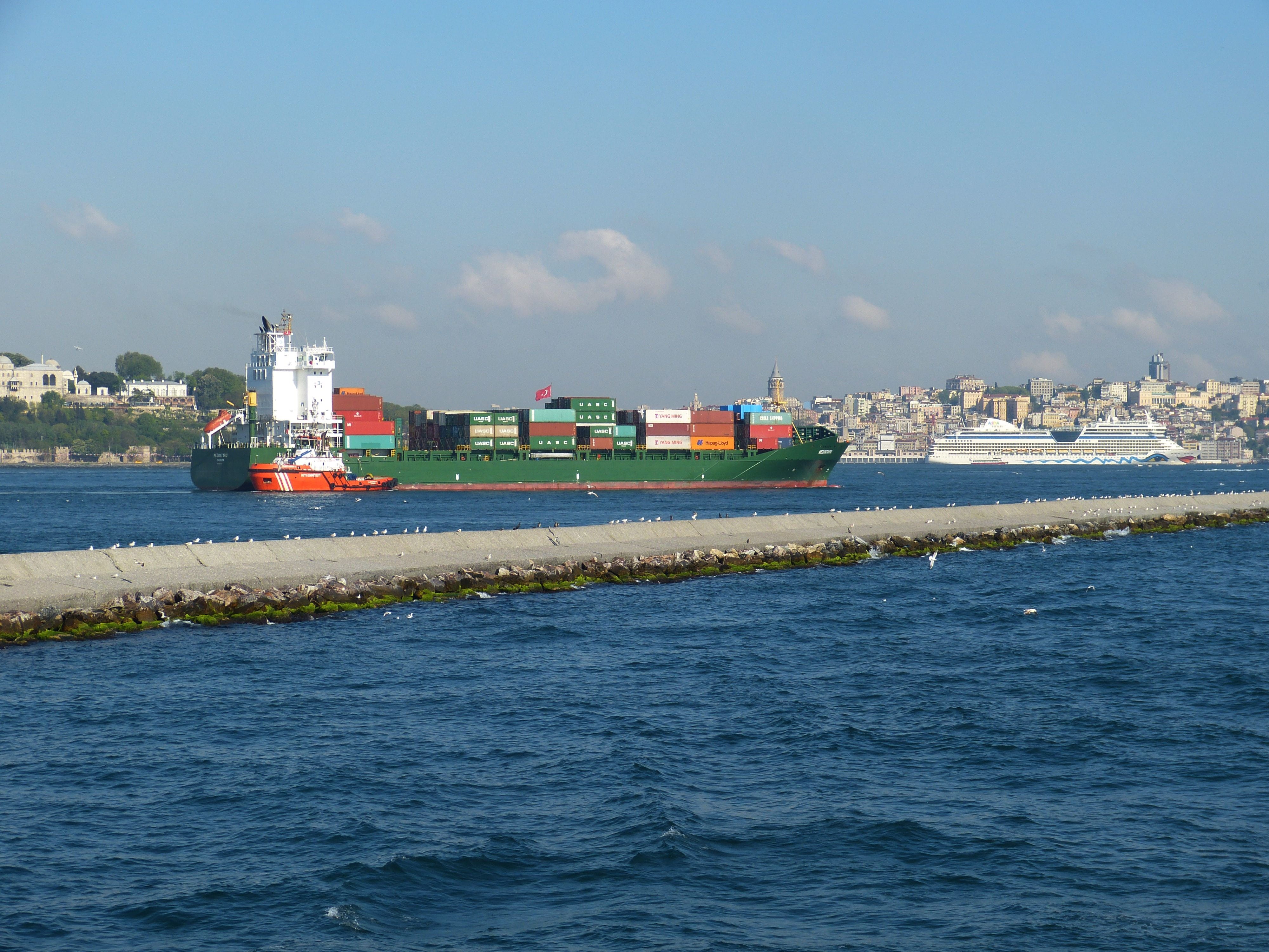no people, passenger craft, motion, water, container, cloud - sky, shipping, bosphorus, business, mode of transportation, nature, built structure, day, HD Wallpaper