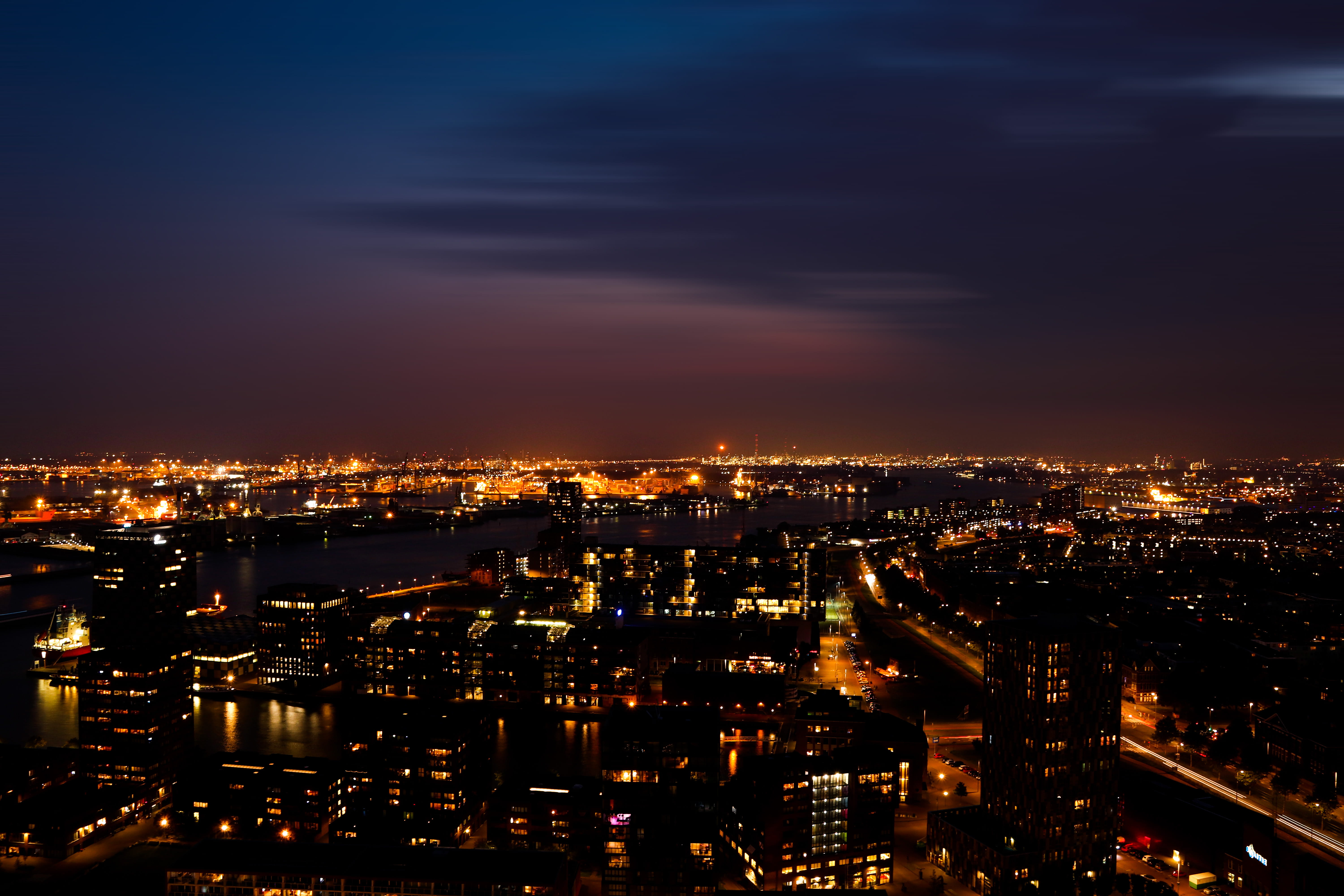 aerial view, building exterior, cloud - sky, city life, light, office building exterior, netherlands, architecture, lights, night, citytrip, sky, rotterdam, HD Wallpaper