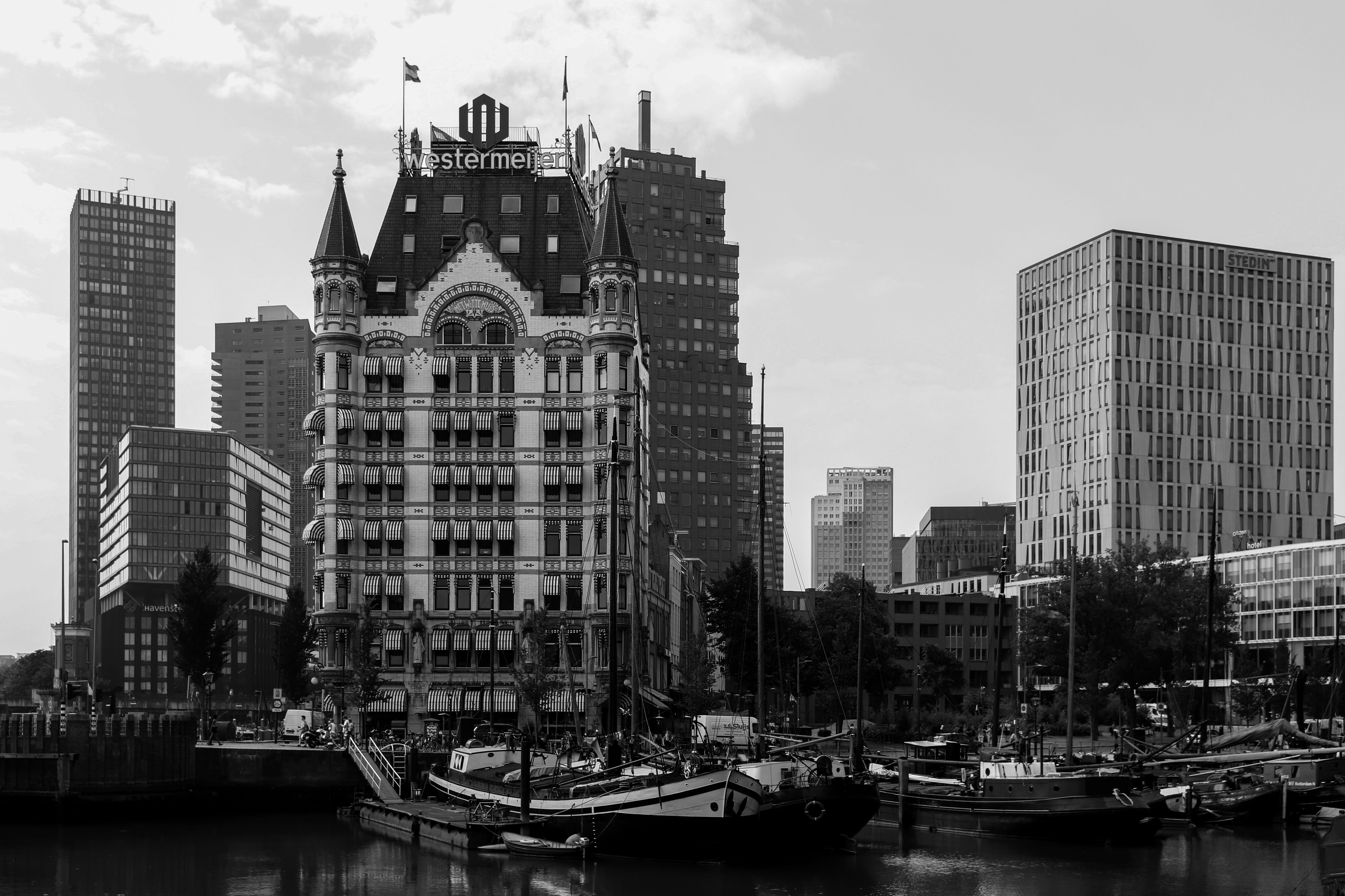 white house, architecture, travel, rotterdam, nautical vessel, no people, boat, witte huis, lake, spire, financial district, transportation, skyscraper, HD Wallpaper