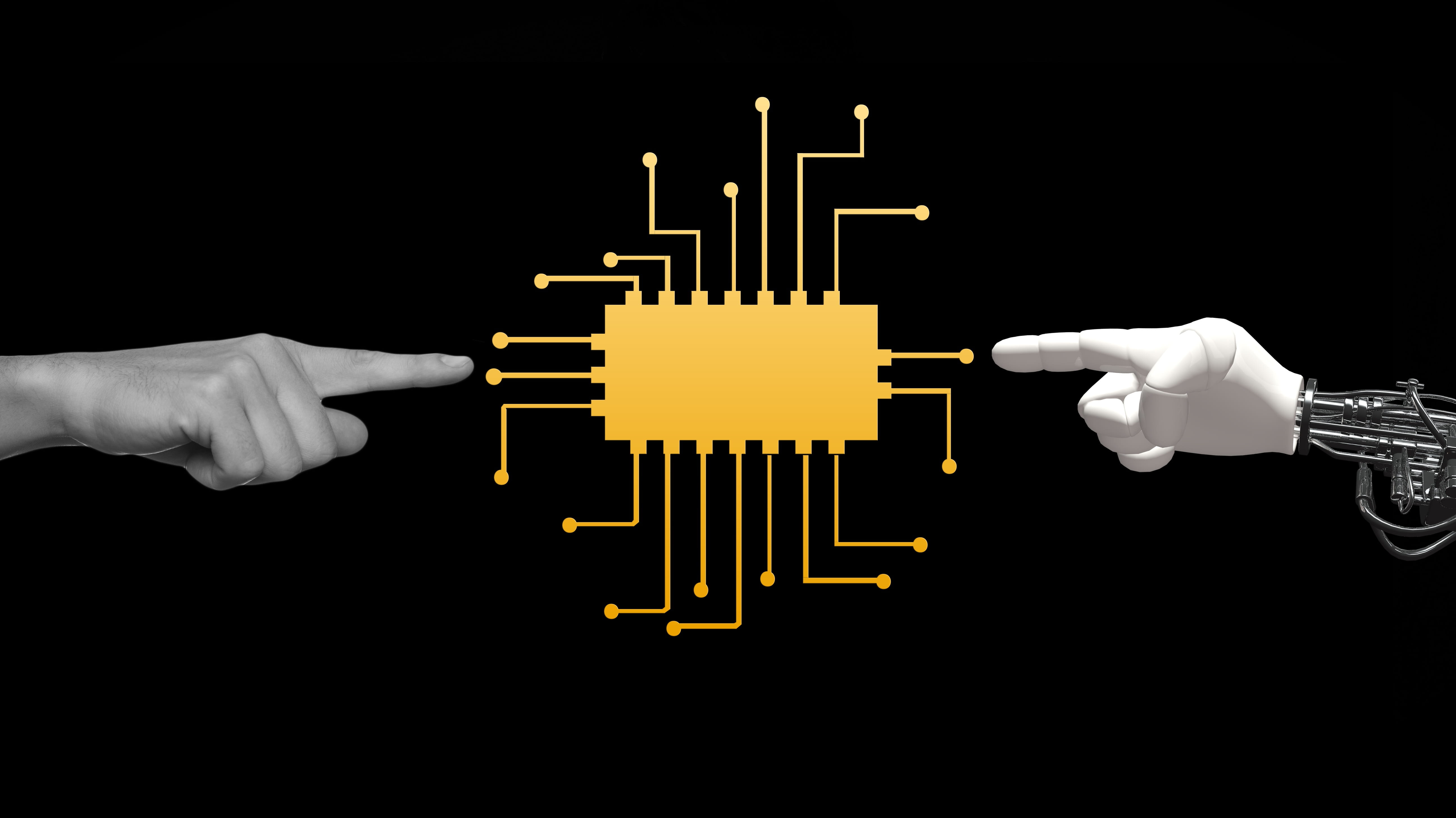 adult, artificial, black background, fear, ki, robot, togetherness, conflict, partnership - teamwork, business, studio shot, technology, split, cyber, finger, HD Wallpaper