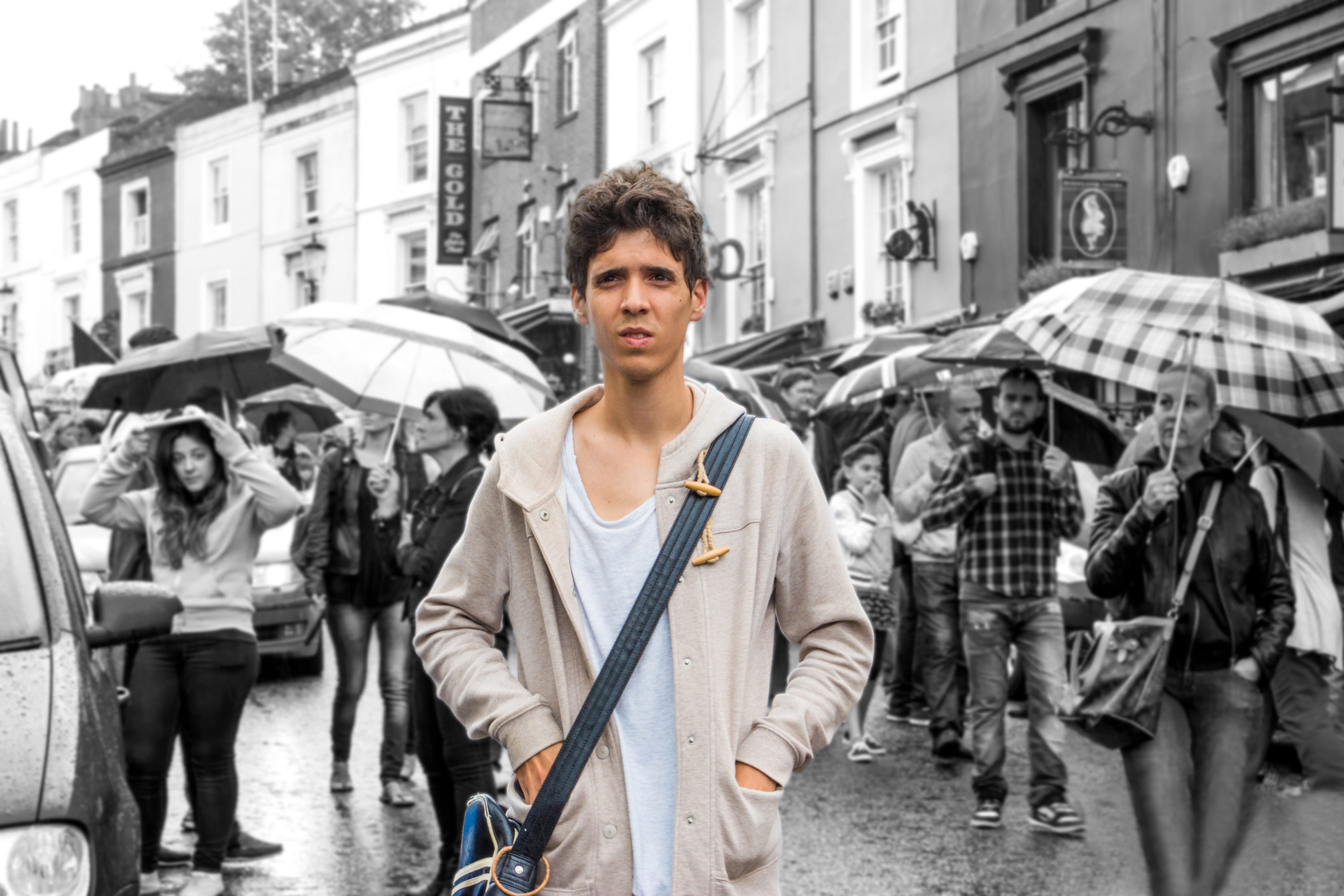 standing, portrait, rainy, mode of transportation, person, nerd, young men, 4K, city street, outdoors, london, lonley, building exterior, teenager, looking at camera, HD Wallpaper