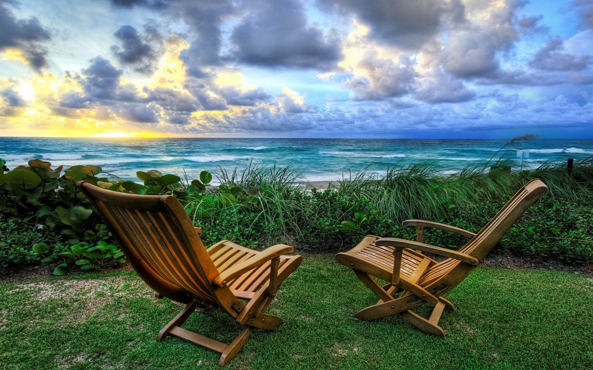 1080P, chair, lawns, landscape, no people, beauty in nature, summer, sea, outdoors, sunset, absence, relaxation, tranquility, cloud - sky, wood - material, HD Wallpaper