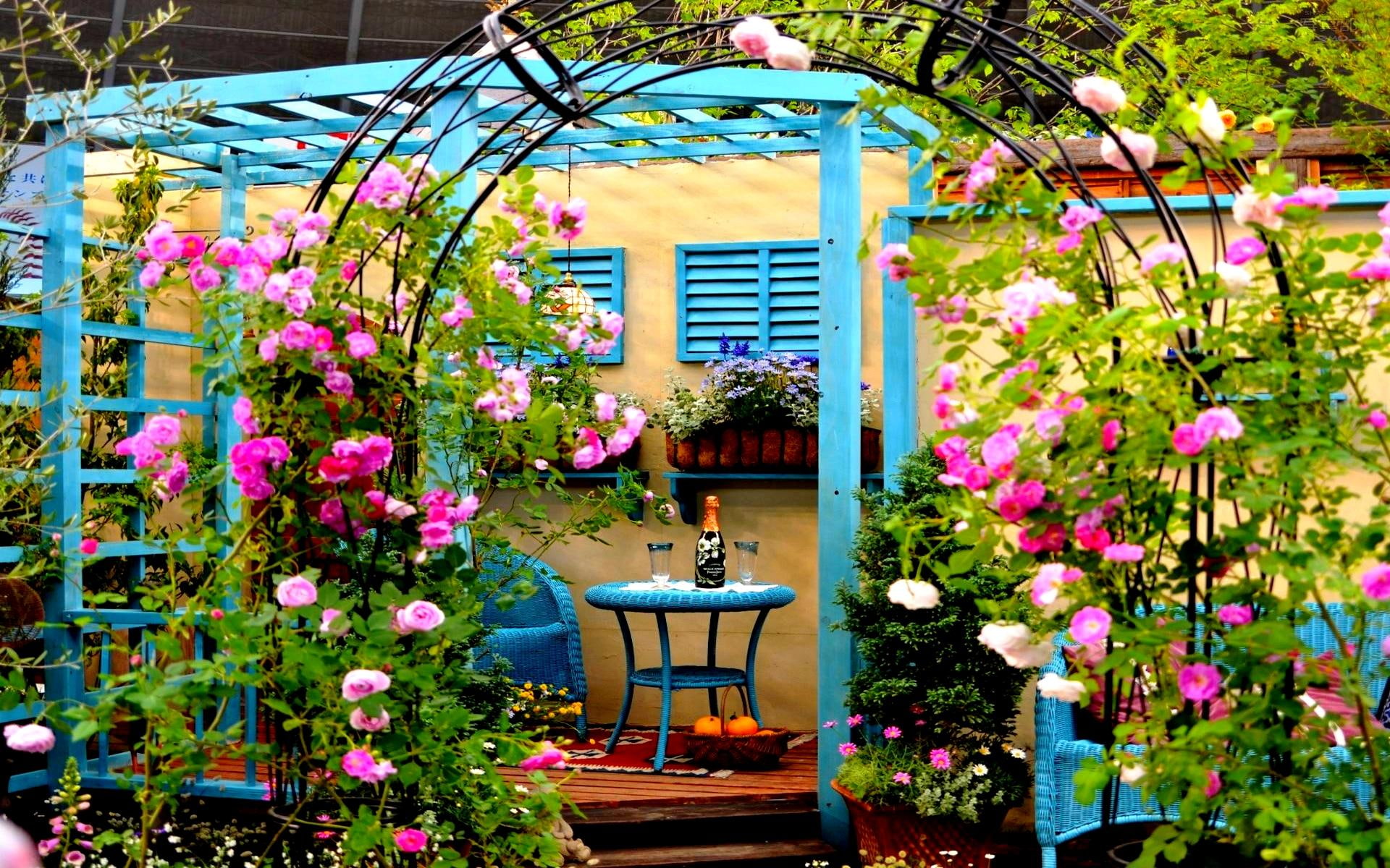 scented, table, round, relax, blue, rose, top, bouquets, nature and landscapes, garden, steel, chairs, 1080P, HD Wallpaper