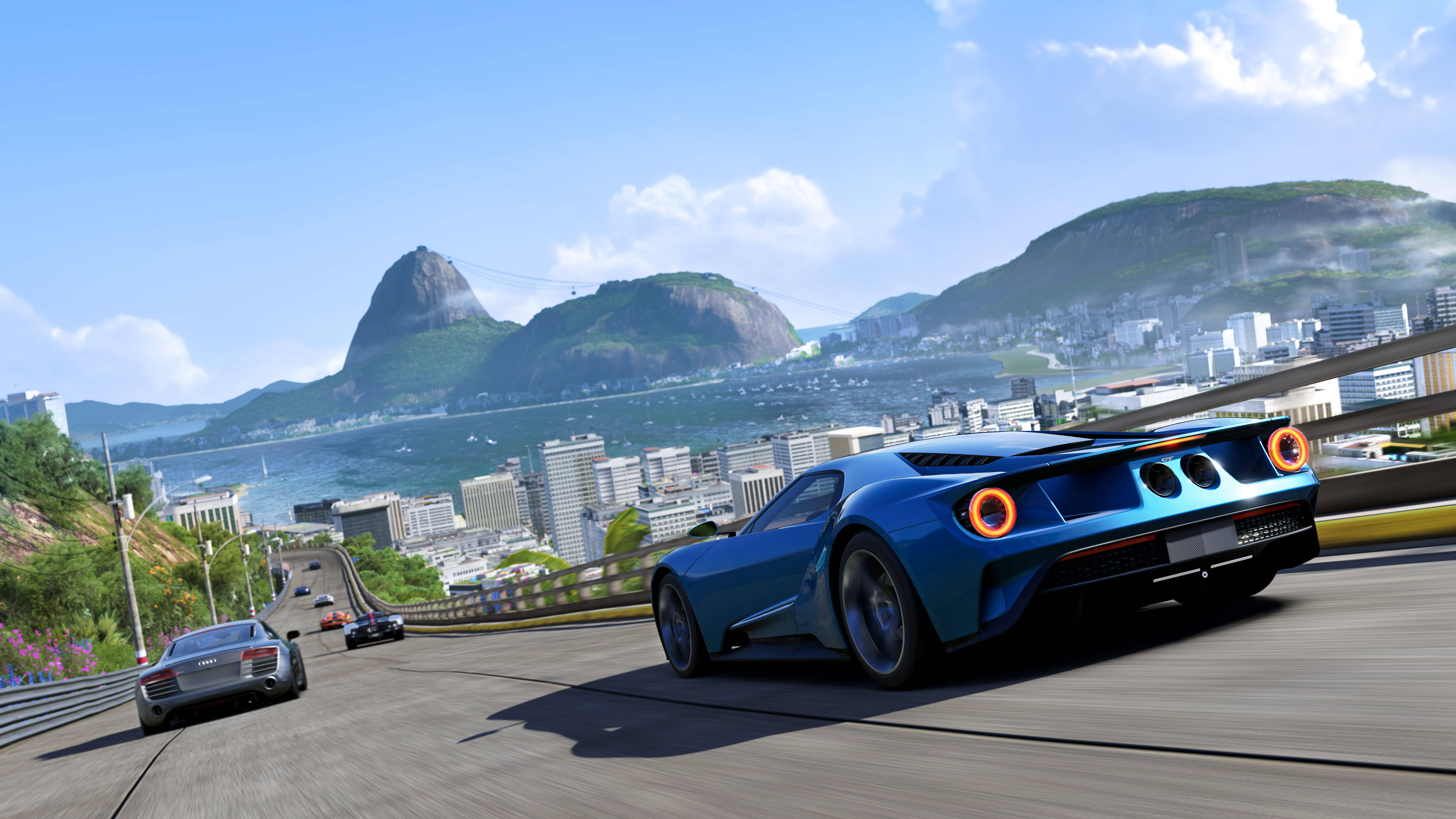 sea, mode of transportation, track, land vehicle, Forza Motorsport 6, 8K, sky, machine, motion, illustration, mountain range, water, sunlight, motor vehicle, HD Wallpaper
