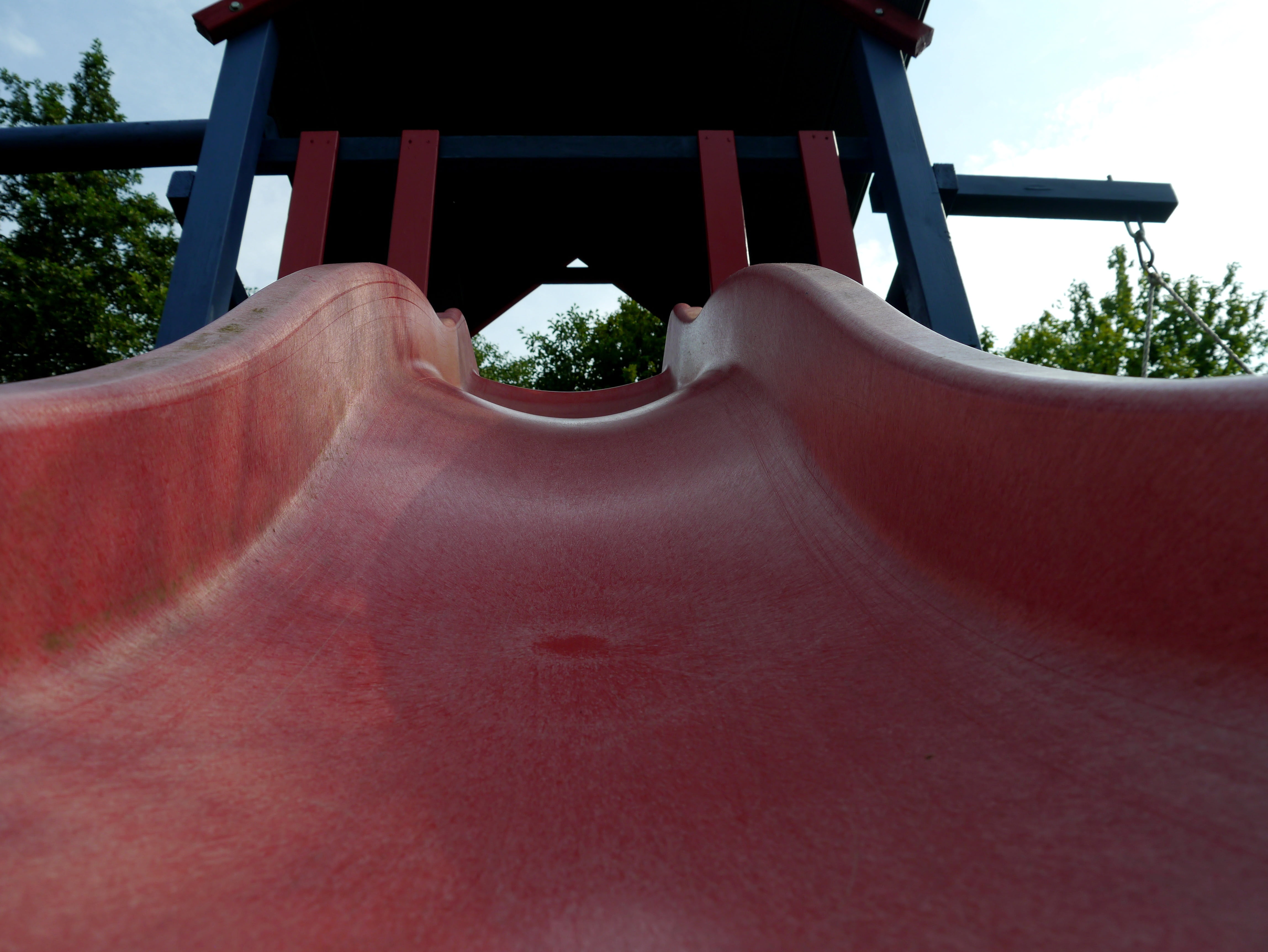 red, built structure, play, building, potted plant, no people, slip, playground, architecture, 4K, slide, building exterior, nature, playset, growth, tree, HD Wallpaper