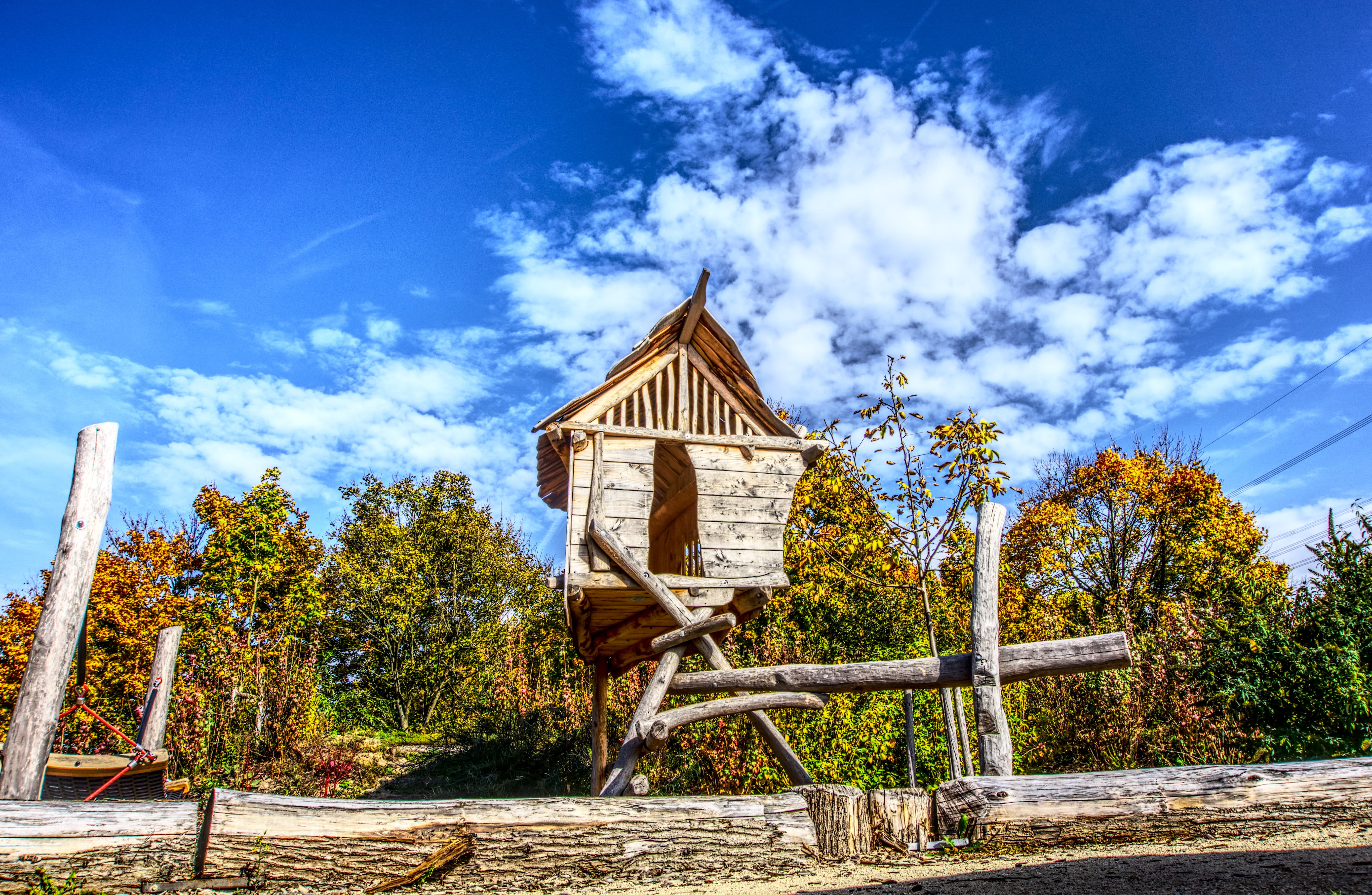 children, architecture, fun, playground, tower, building, no people, wood, tree, childrens playground, day, building exterior, playhouse, 5K, sky, wood - material, HD Wallpaper