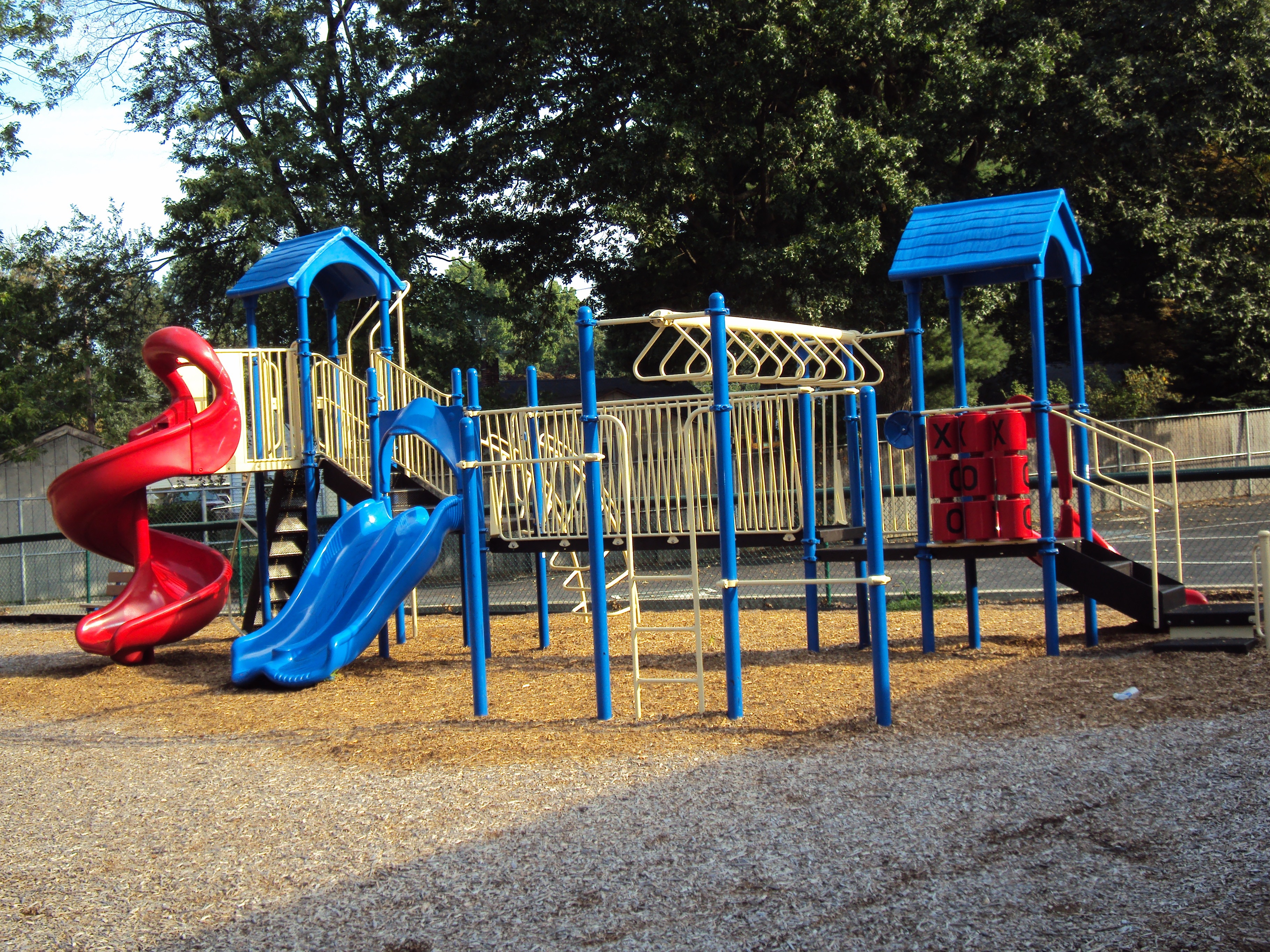recreation, consumerism, slide, play, sunlight, outdoors, tree, blue, swing, absence, activity, outdoor play equipment, leisure, childhood, red, children, HD Wallpaper