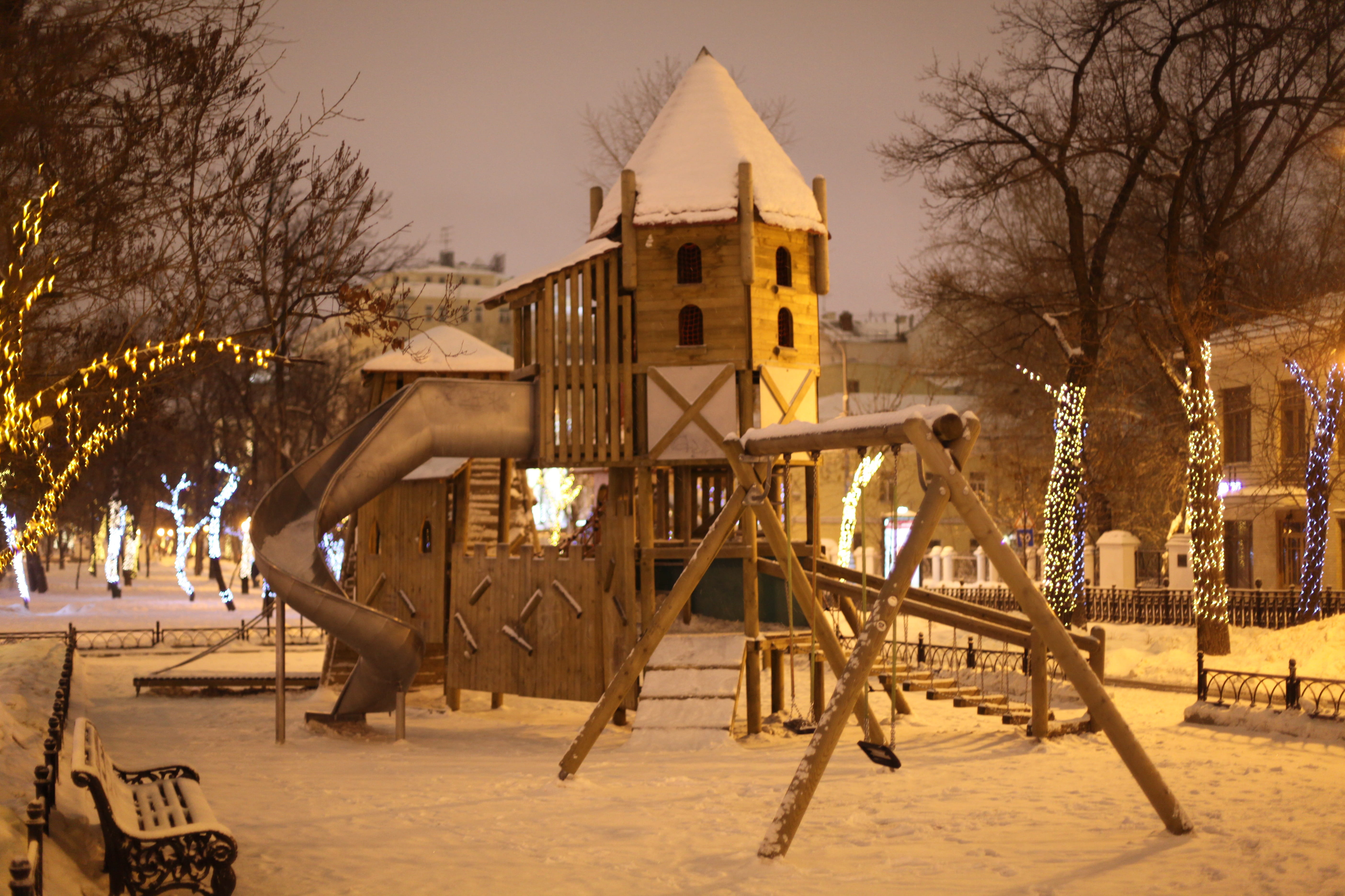 Winter, architecture, 5K, bare tree, cold temperature, park, snow, nature, building exterior, wooden postoroyka, outdoor play equipment, slide - play equipment, HD Wallpaper