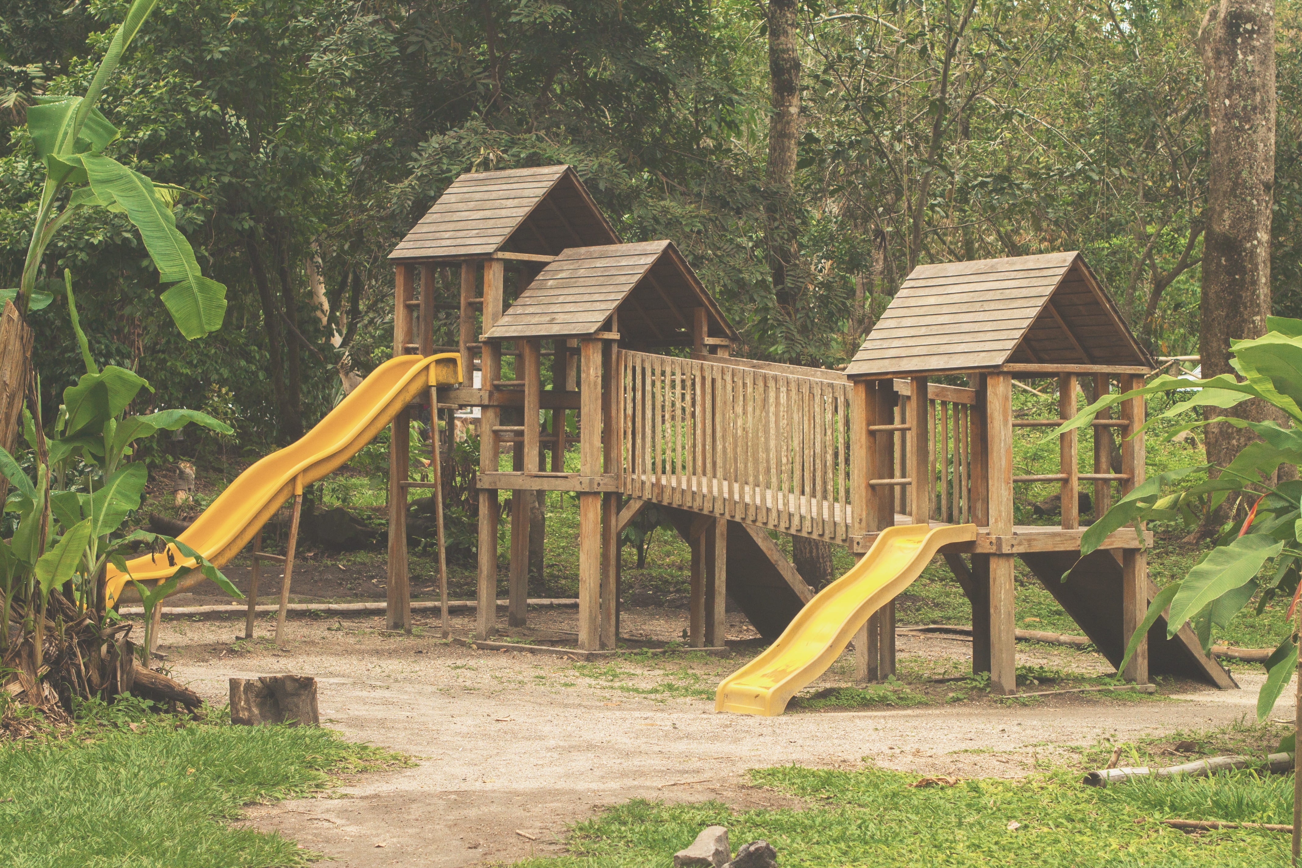 wood - material, slide - play equipment, architecture, nature, sunlight, yellow, no people, 4K, outdoors, Central America, day, landscape, park, plant, HD Wallpaper