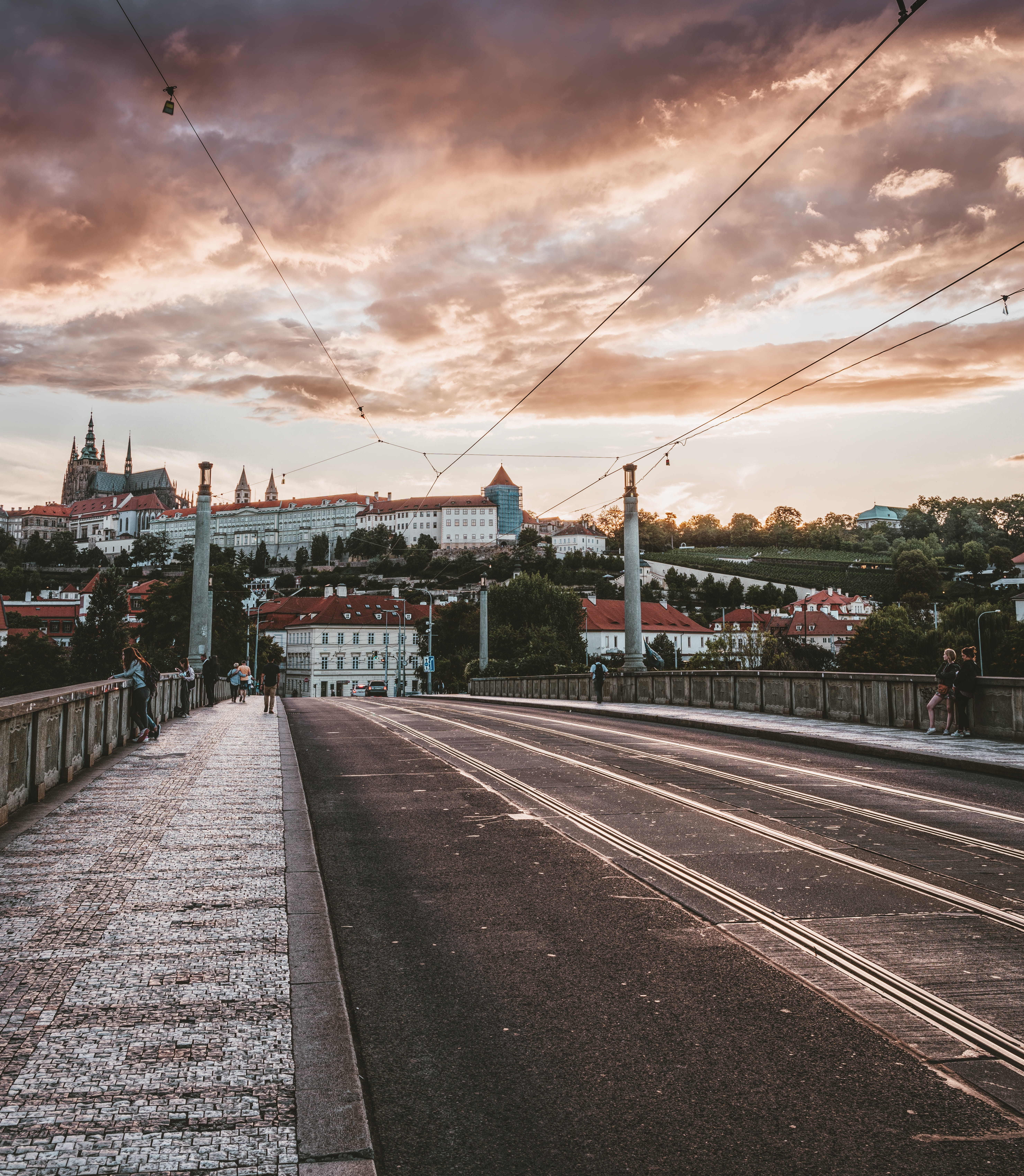 czech republic, historically, light, mode of transportation, church, tram, sky, 5K, dusk, architecture, sunset, street, transportation, europe, city, direction, Phone HD Wallpaper