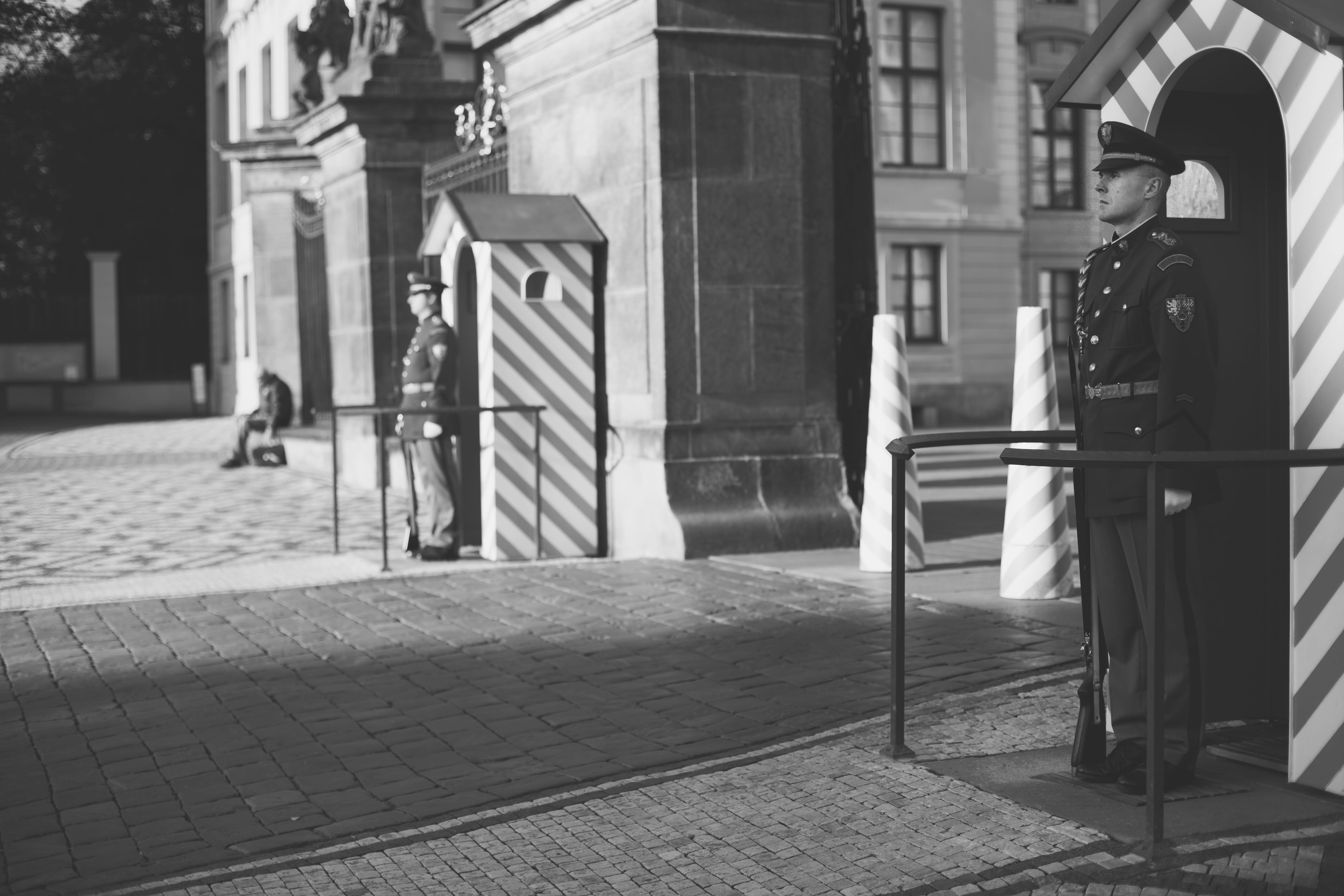service, gun, rear view, outdoors, street, daytime, footpath, secure, real people, one person, day, security, no pass, guard, built structure, incidental people, HD Wallpaper