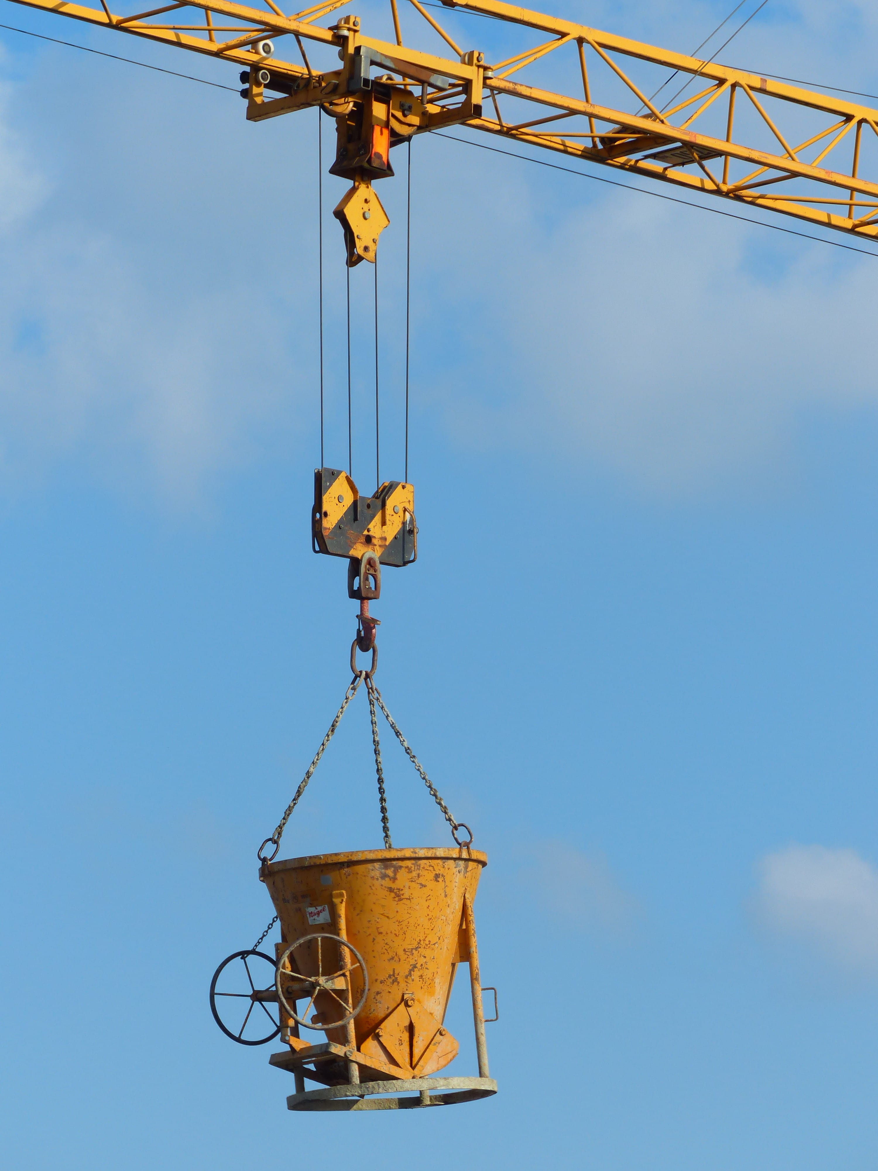 no people, Hoist, Trolley, chain, cargo transport, outdoors, architecture, yellow, metal, blue, hanging, industrial equipment, industry, Rope, nature, construction site, Phone HD Wallpaper