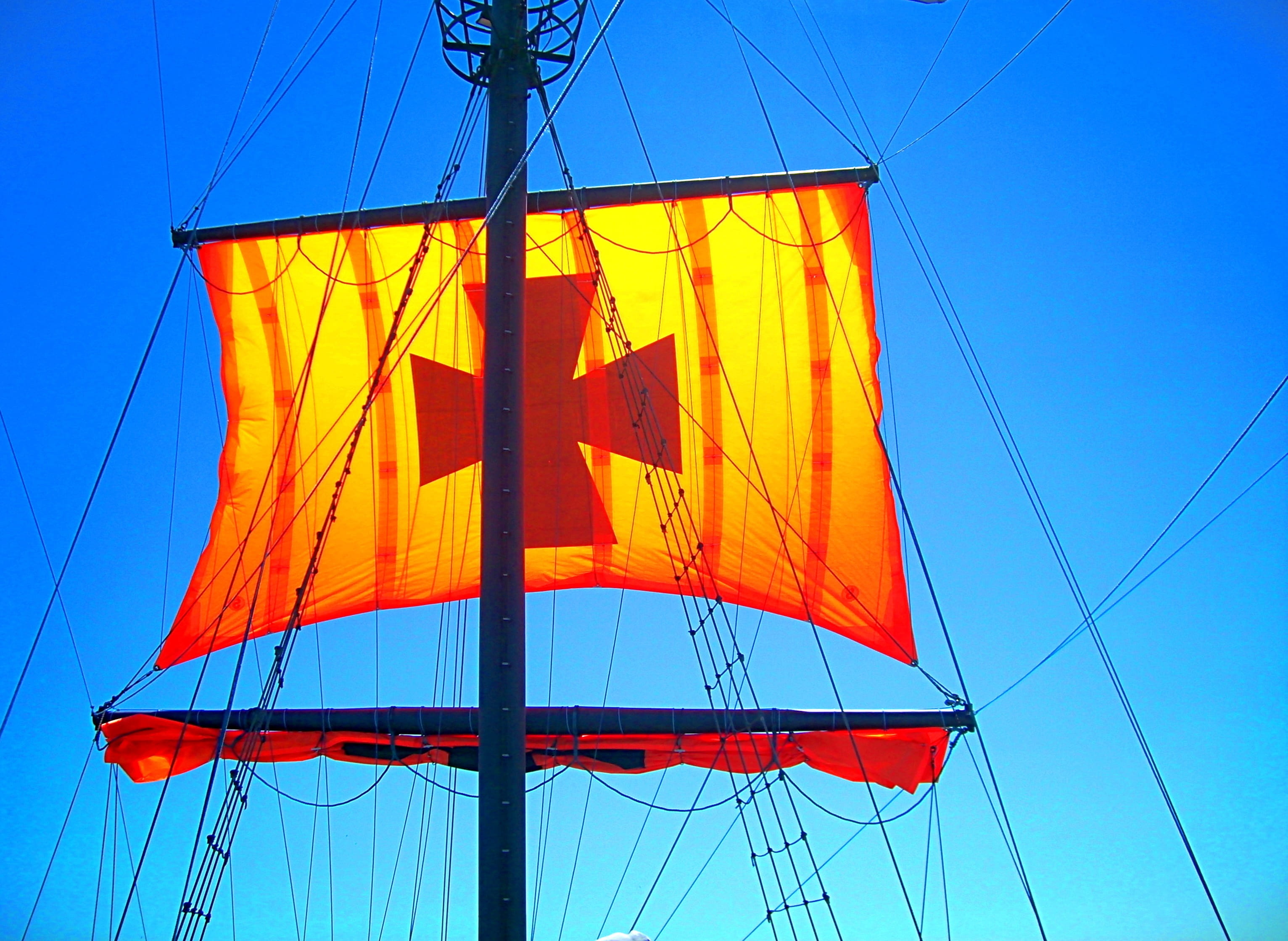 water, day, rigging, rope, sail, wind, nautical Vessel, low angle view, hdr effect, Sailing Vessel, blue, transportation, passenger craft, no people, cordage, HD Wallpaper