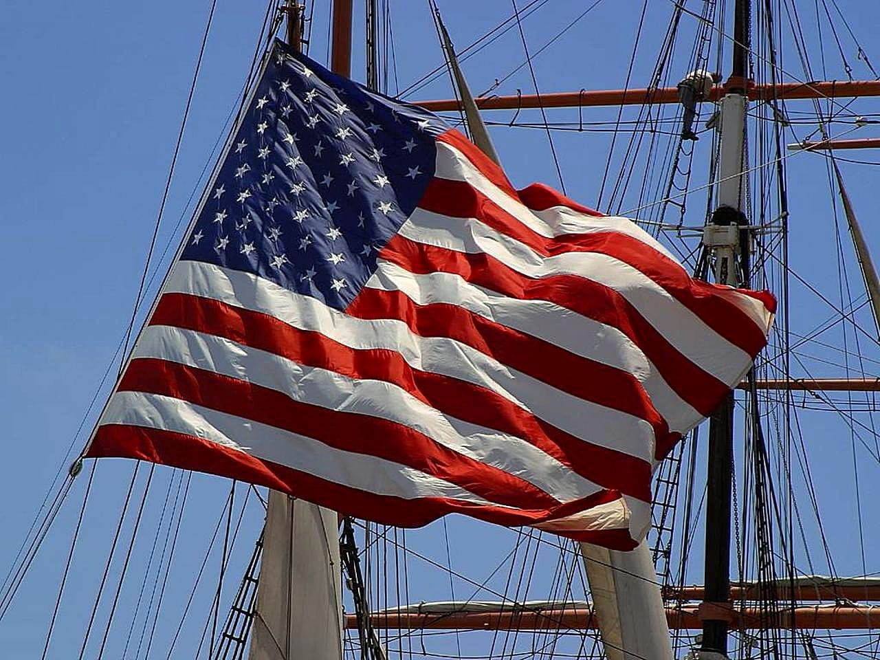 pole, American, patriotism, national, nature, sky, national icon, outdoors, red, National, sailboat, low angle view, Flag, country, star shape, nautical vessel, HD Wallpaper