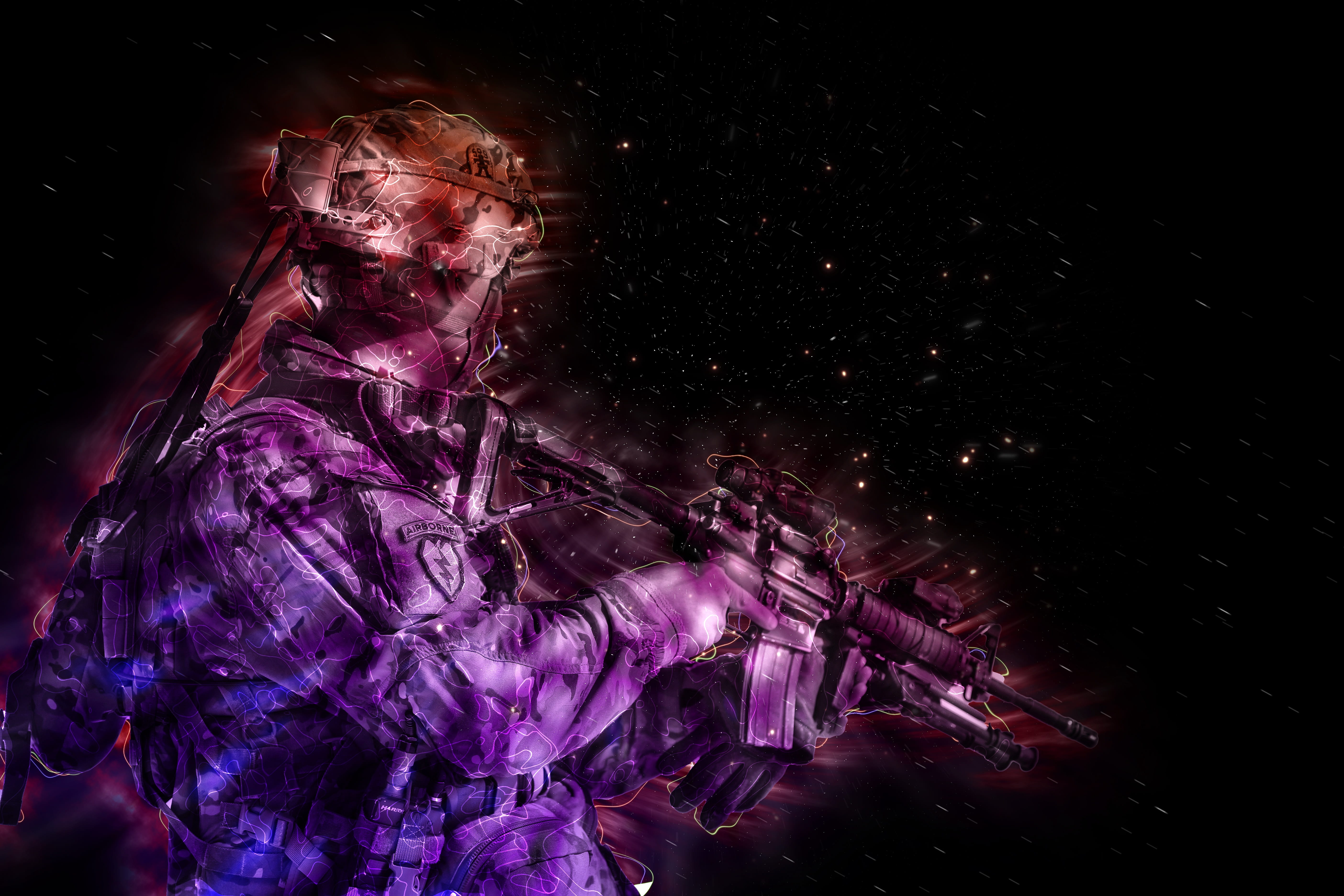 warrior, illuminated, men, laser, gun, holding, dark, technology, young men, night, soldier, army, three quarter length, war, light - natural phenomenon, HD Wallpaper