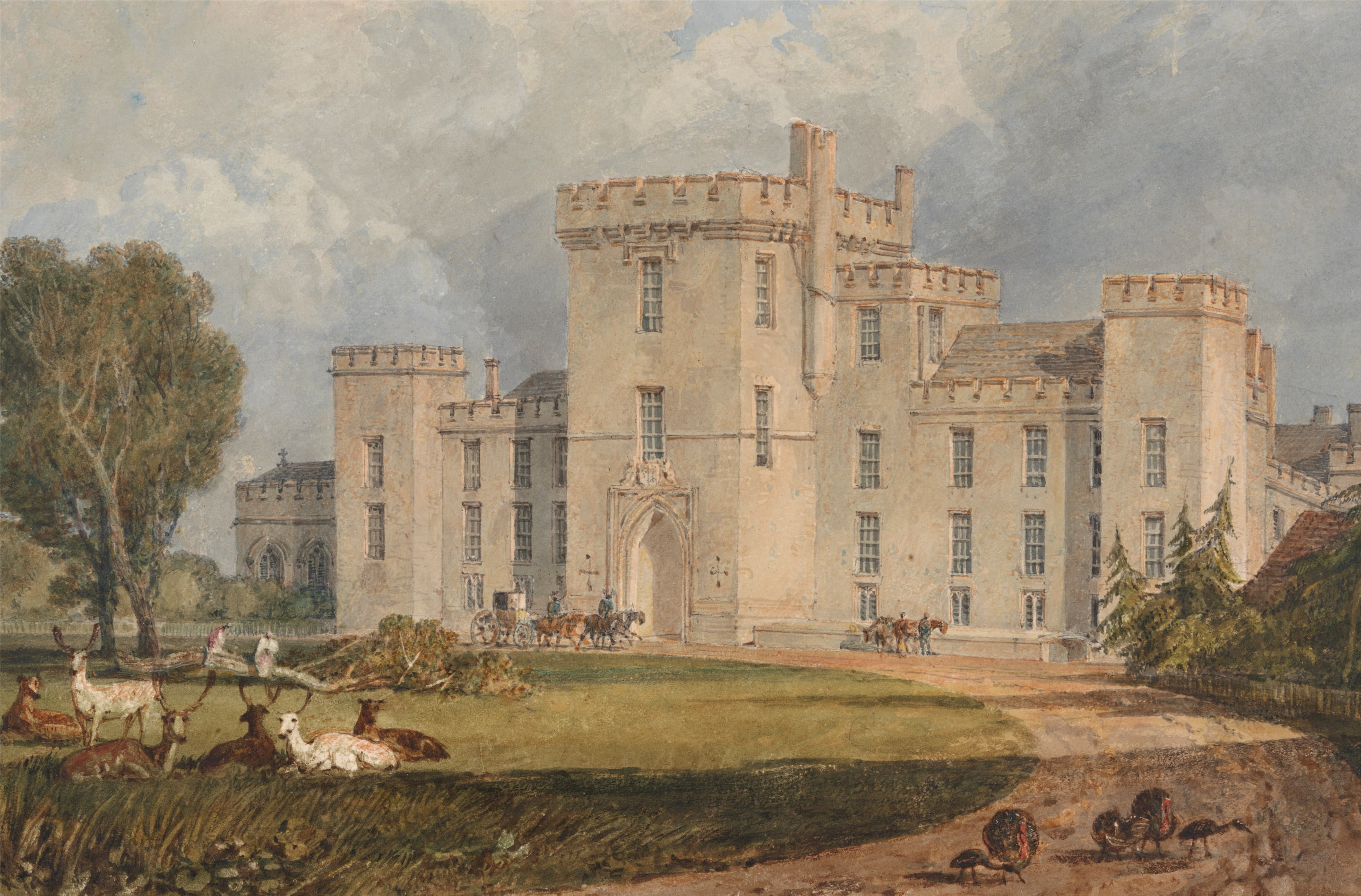 picture, trees, watercolor, landscape, William Turner, Hertefordshire, View of Hampton Court, road, from the Northwest, animals, 2K, castle, HD Wallpaper