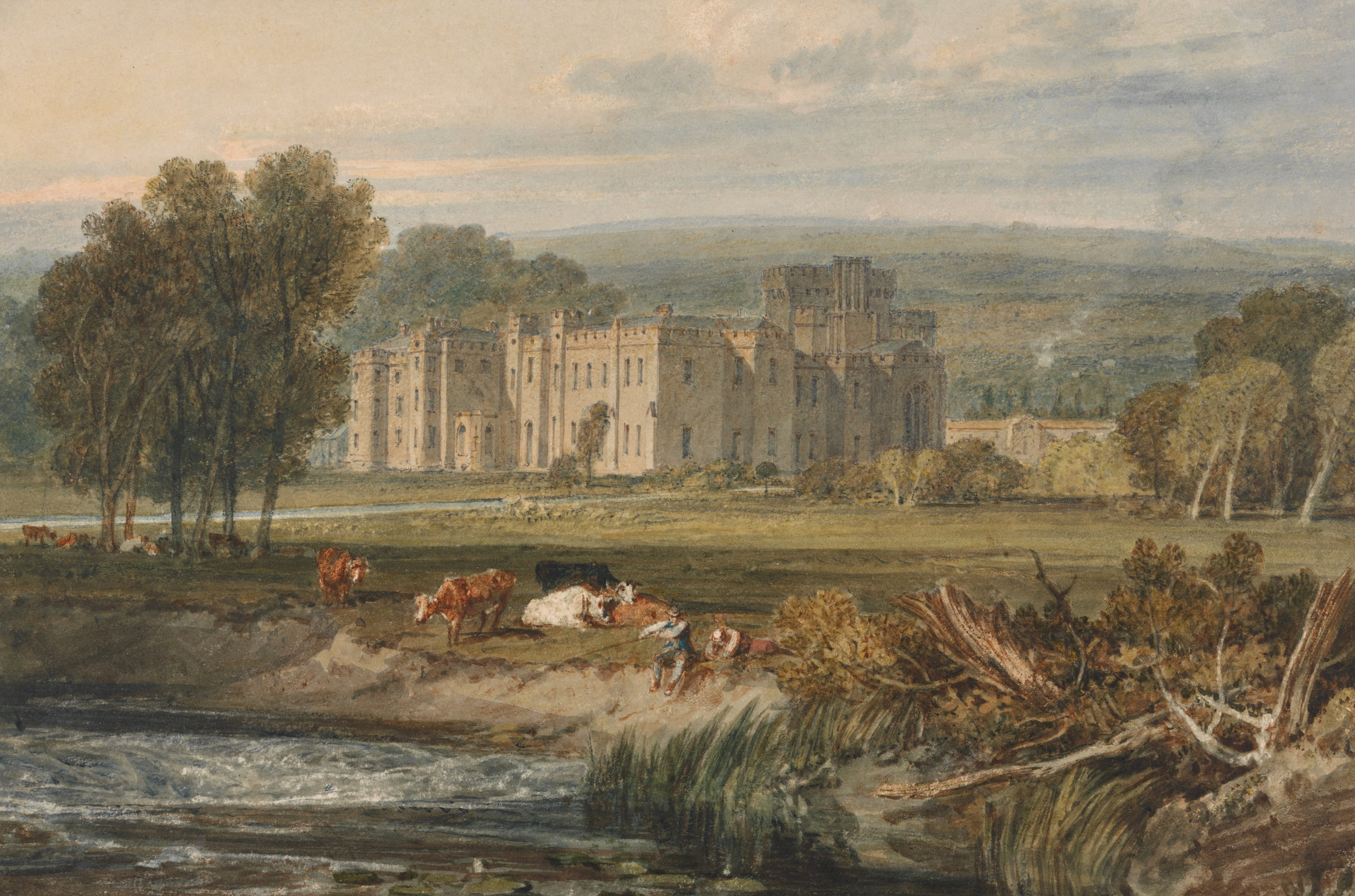 nature, castle, picture, trees, 2K, from the Southeast, cows, View of Hampton Court, Herefordshire, landscape, watercolor, William Turner, HD Wallpaper