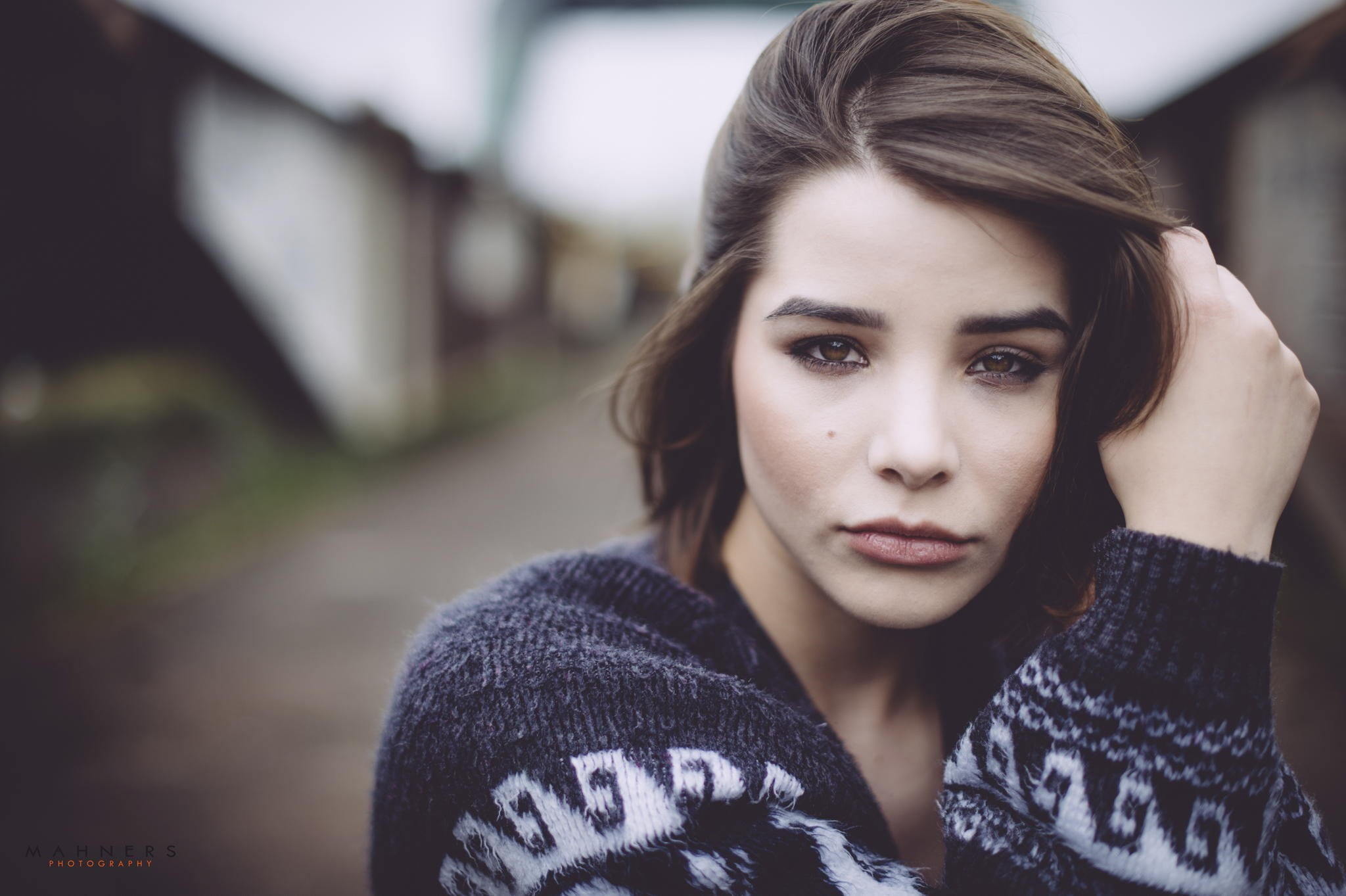 beauty, headshot, 1080P, front view, brunette, scarf, teenager, portrait, brown eyes, sweater, hairstyle, focus on foreground, clothing, one person, looking at camera, HD Wallpaper
