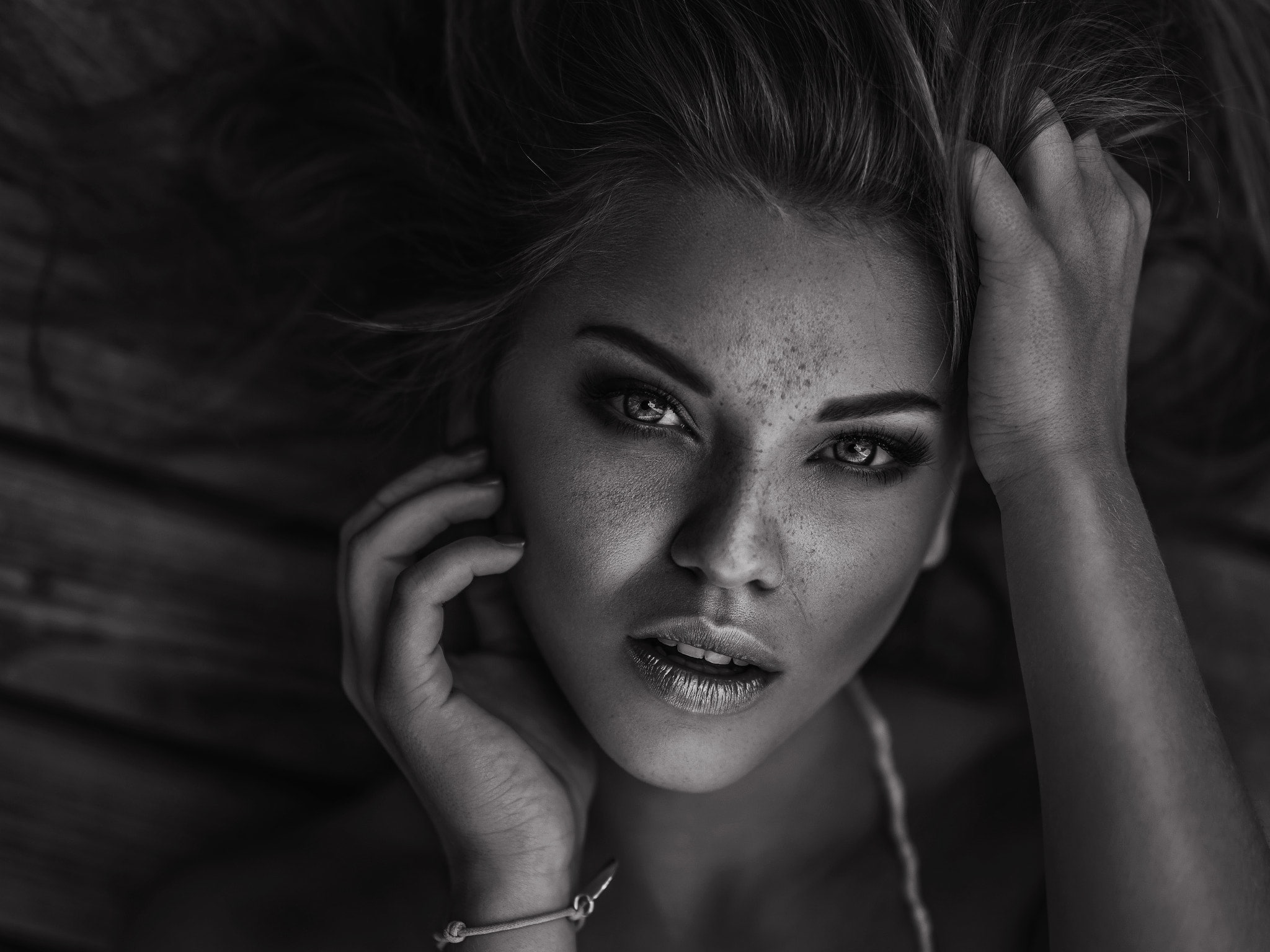 real people, women, face, adult, freckles, close-up, one person, indoors, human hand, monochrome, young women, contemplation, hand, portrait, beauty, focus on foreground, HD Wallpaper