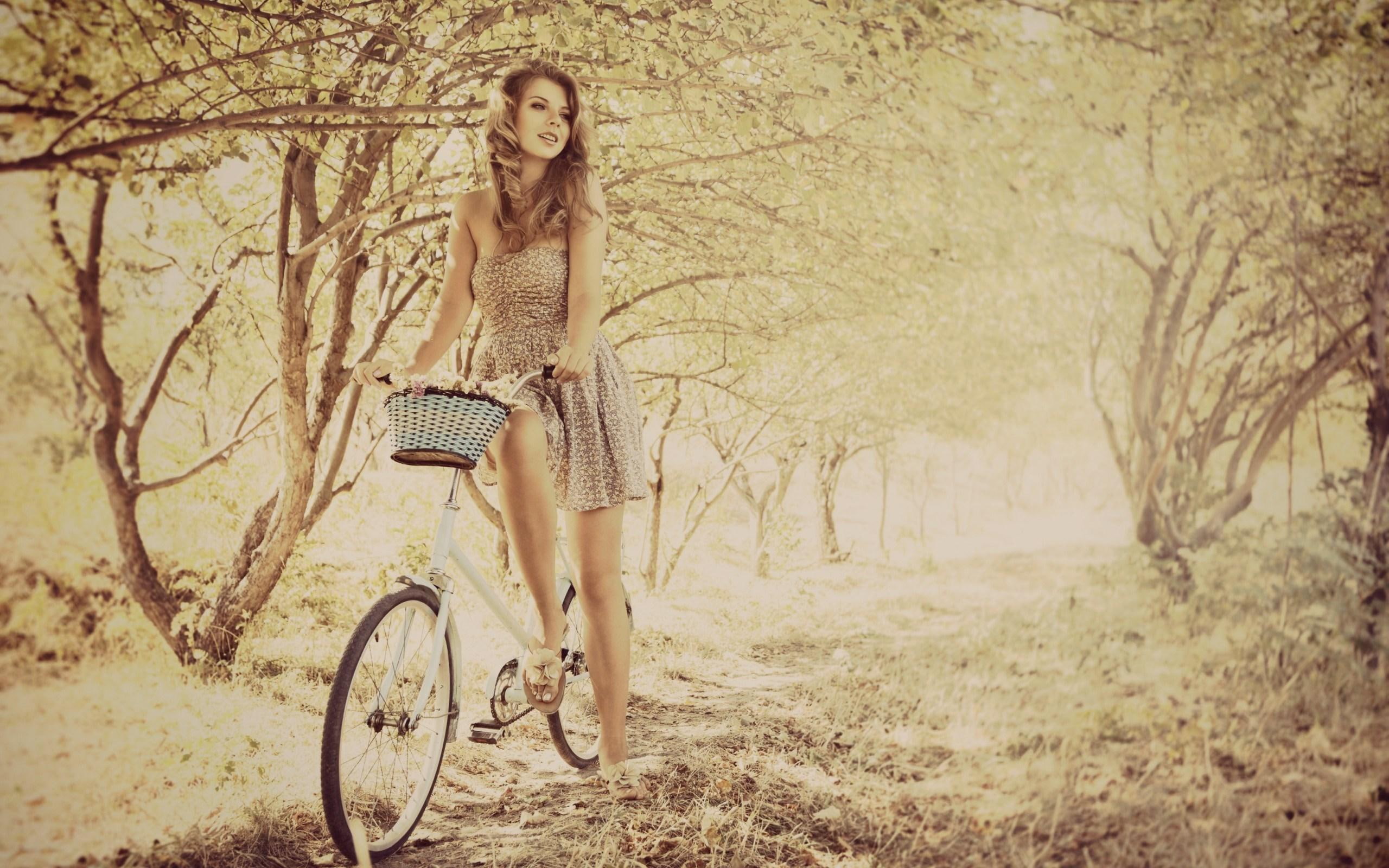 2K, girl, dress, s, bicycle, mood, sleeveless, women, grey, HD Wallpaper