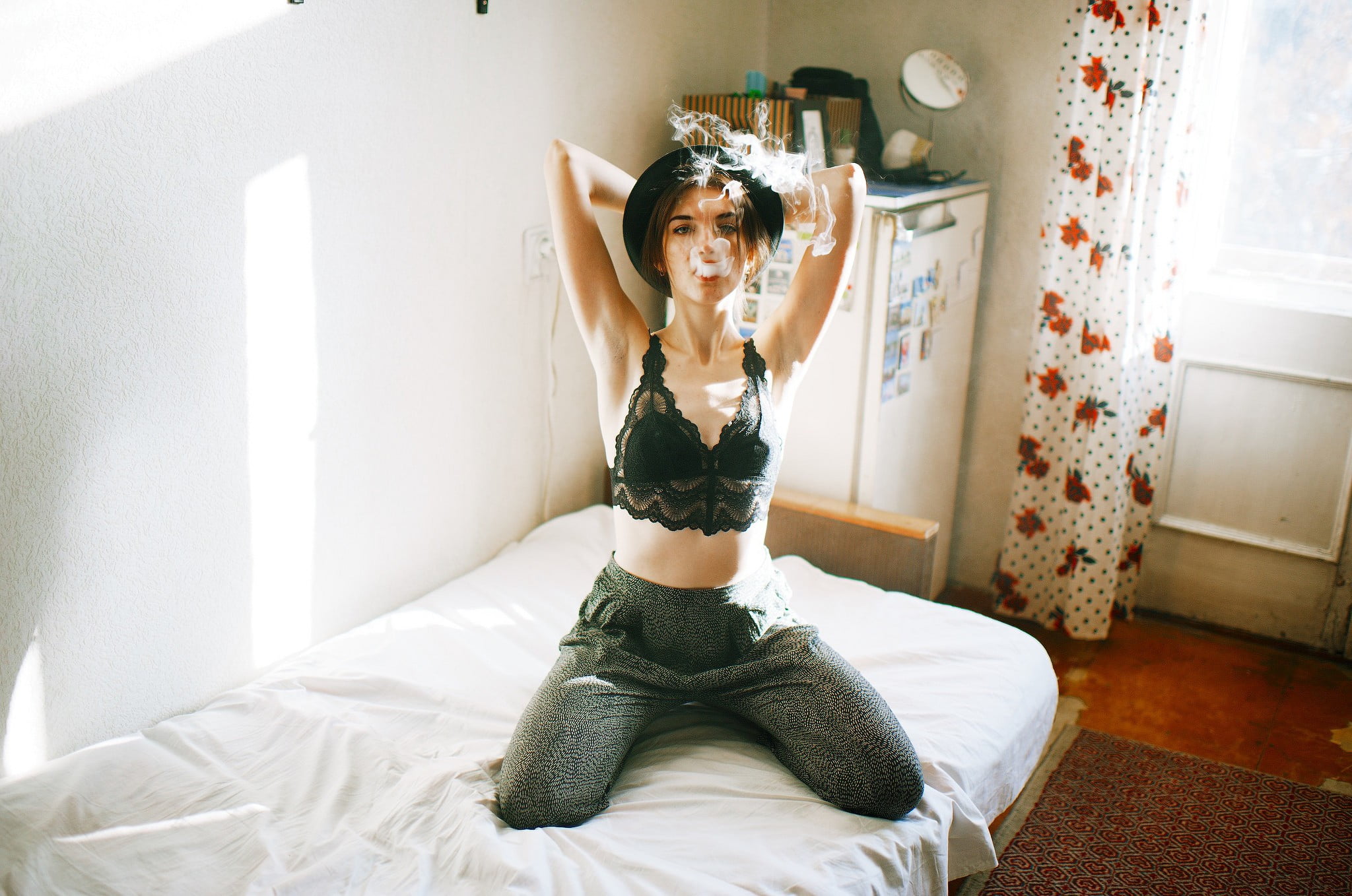 human arm, hands on head, armpits, beautiful woman, front view, leisure activity, hat, furniture, portrait, lifestyles, indoors, smoking, arms raised, looking at viewer, HD Wallpaper