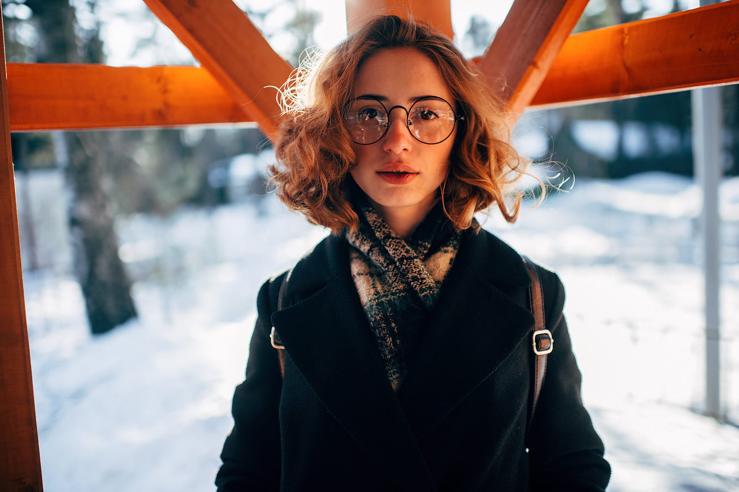 face, red lipstick, waist up, women, clothing, 720P, hairstyle, standing, looking at viewer, beauty, women with glasses, winter, reflection, depth of field, HD Wallpaper
