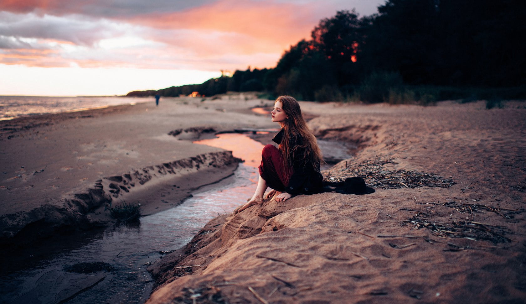 brunette, hair, hairstyle, long hair, cloud - sky, sand, tranquility, outdoors, closed eyes, model, beauty in nature, sweater, 720P, sunset, lifestyles, HD Wallpaper