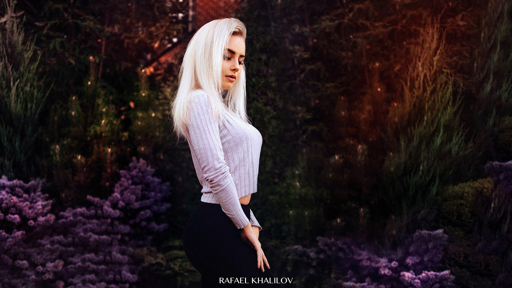 platinum blonde, women outdoors, Rafael Khalilov, women, 1080P, leggings, model, long hair, HD Wallpaper