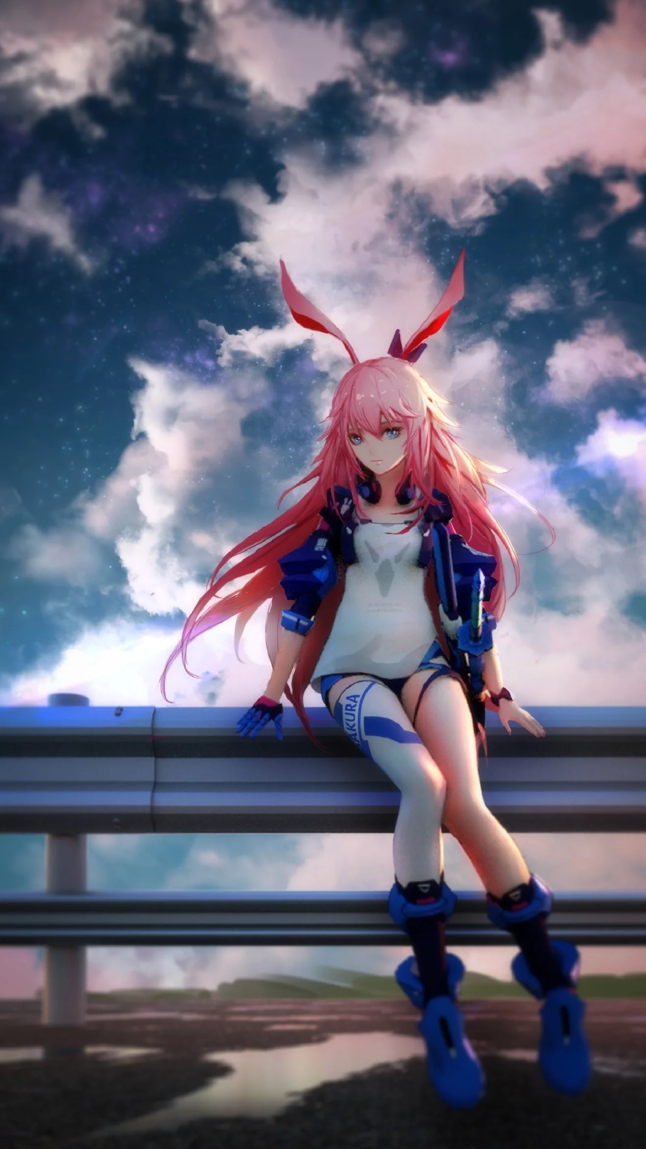 legs together, Honkai Impact, sky, anime girls, 1080P, pink hair, anime, Honkai Impact 3rd, animal ears, Phone HD Wallpaper