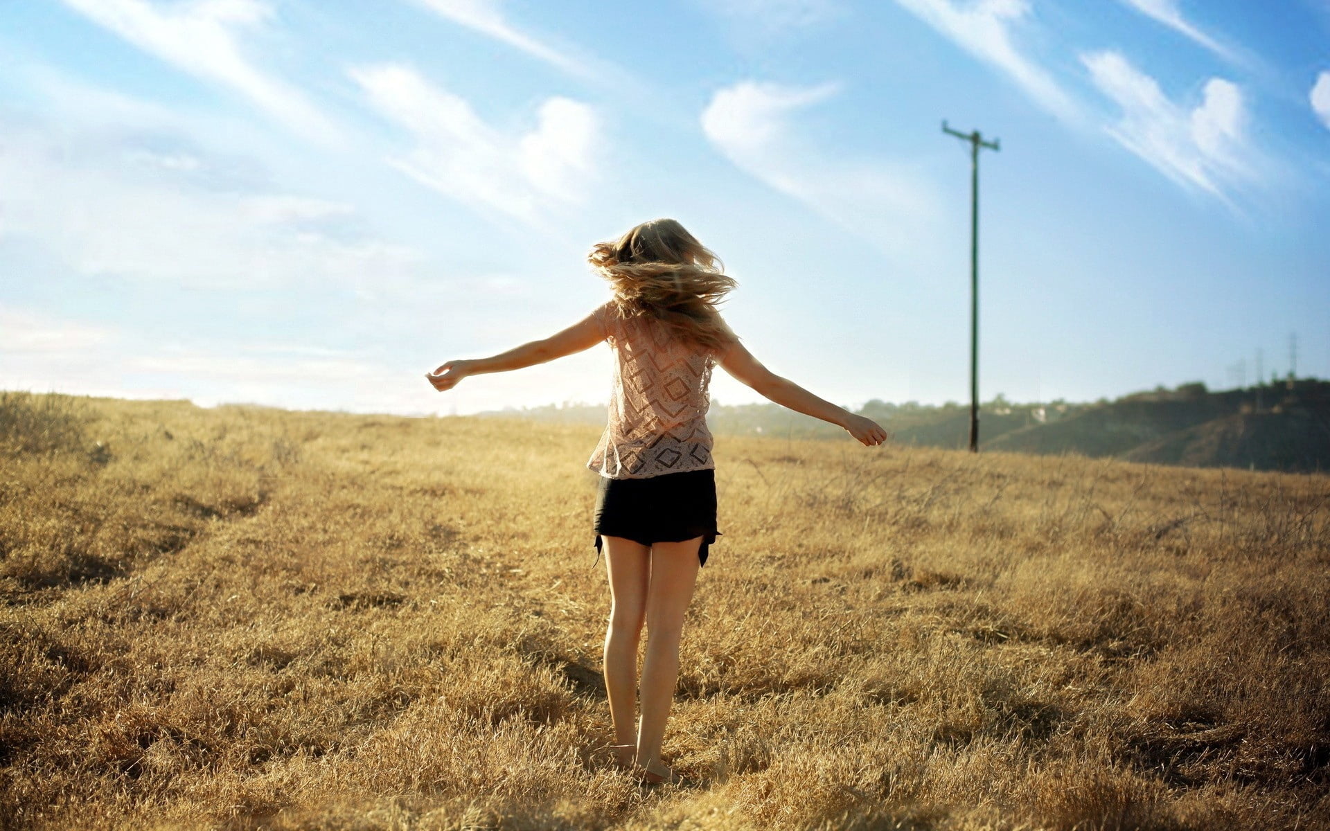 real people, young Women, cheerful, one Woman Only, shorts, cute, healthy Lifestyle, serene People, freedom, long Hair, grass, women, relaxation, sunset, HD Wallpaper