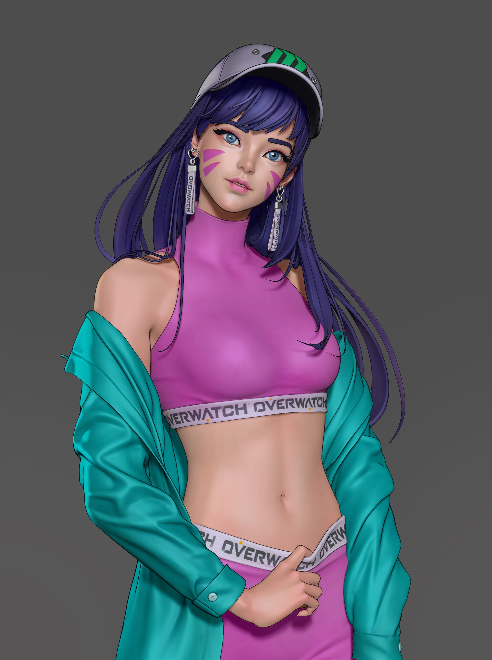 sport bras, D.Va (Overwatch), face paint, pink lipstick, women, Overwatch, blue hair, blue eyes, Xiao Fei, baseball caps, CGI, simple background, sportwear, Phone HD Wallpaper